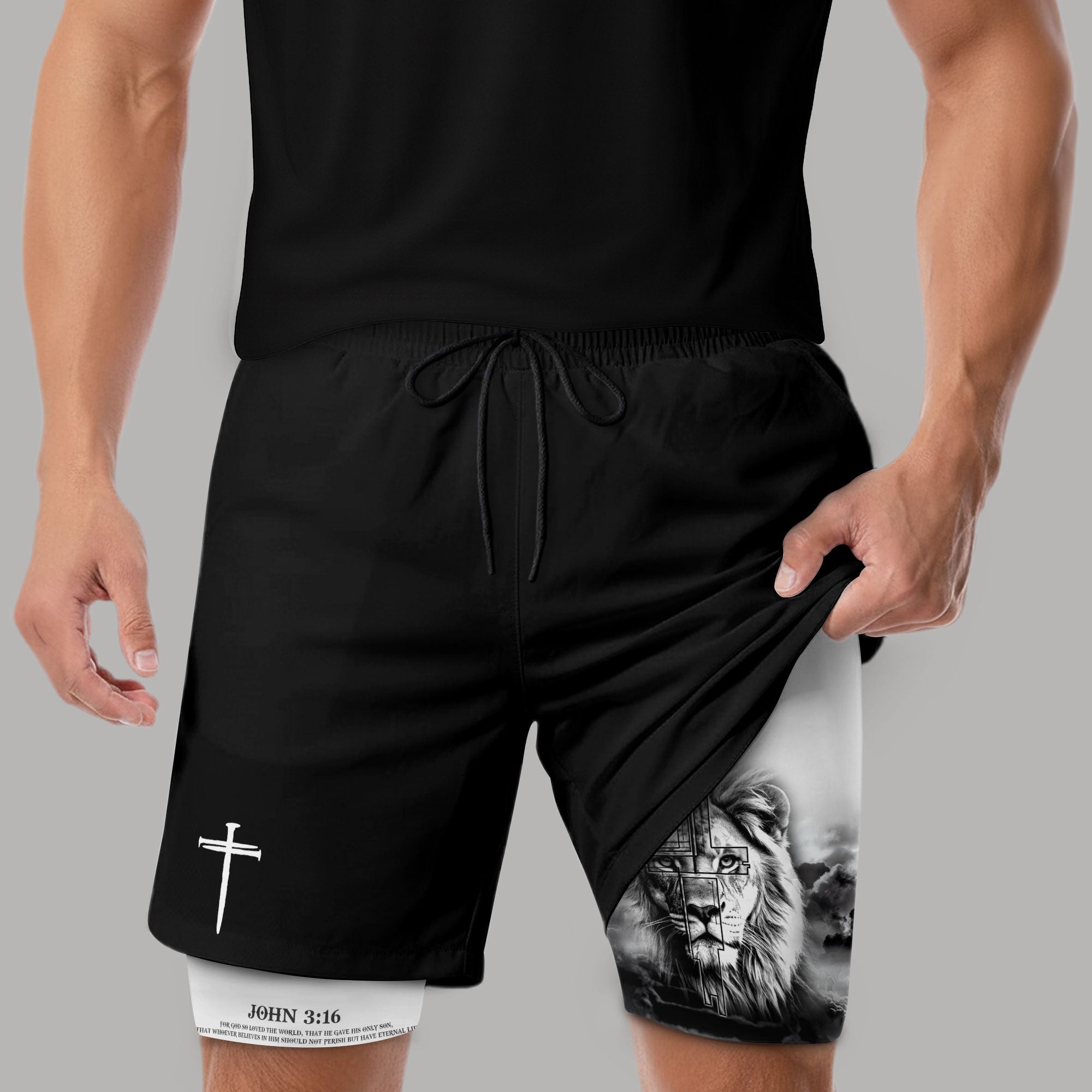 John 3 16 Christian Gym Shorts for Men Lion Cross Faith Shorts