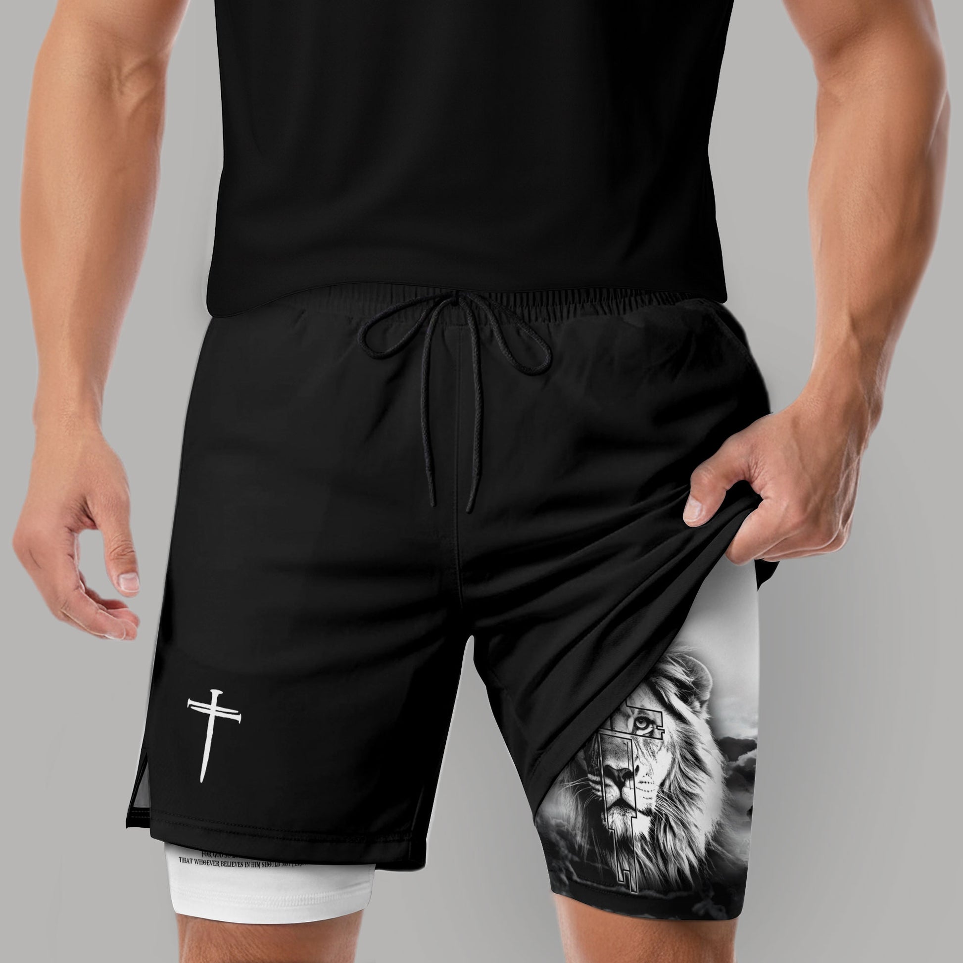 John 3:16 Christian Gym Shorts for Men Lion Cross Faith Shorts - Rust Field Wear
