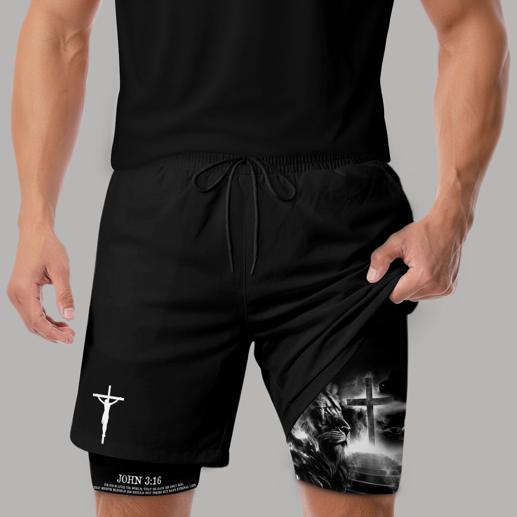 John 3 16 Christian Gym Shorts for Men Lion Cross Jesus Design