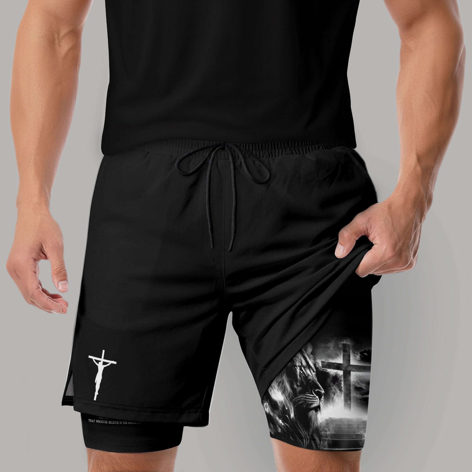 John 3:16 Christian Gym Shorts for Men Lion Cross Jesus Design - Rust Field Wear