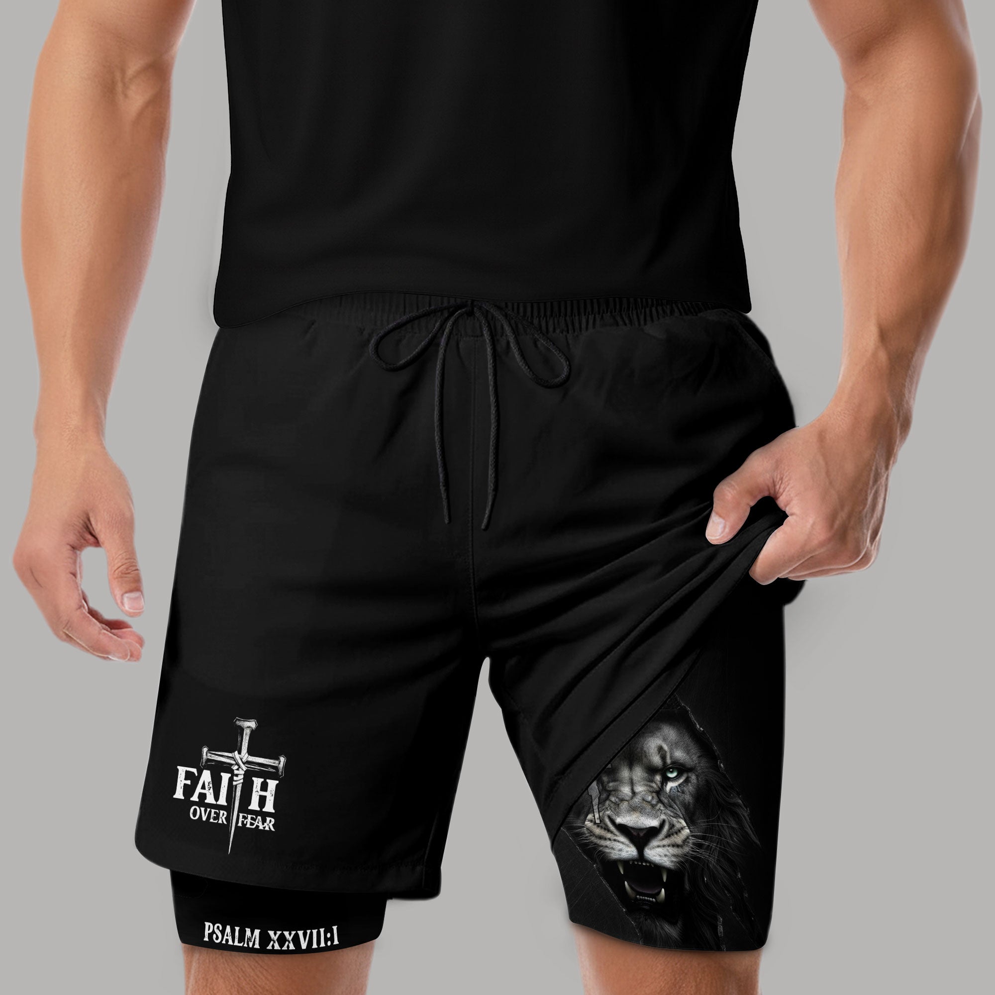 Psalm 27 1 Faith Over Fear Christian Gym Shorts Lion Cross Design