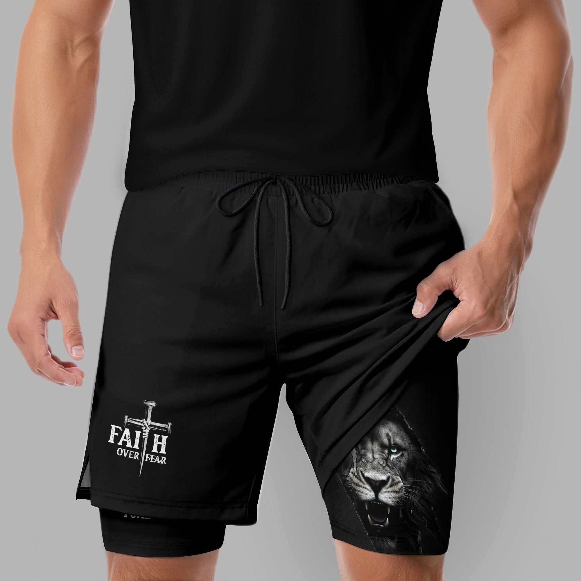 Psalm 27:1 Faith Over Fear Christian Gym Shorts Lion Cross Design - Rust Field Wear