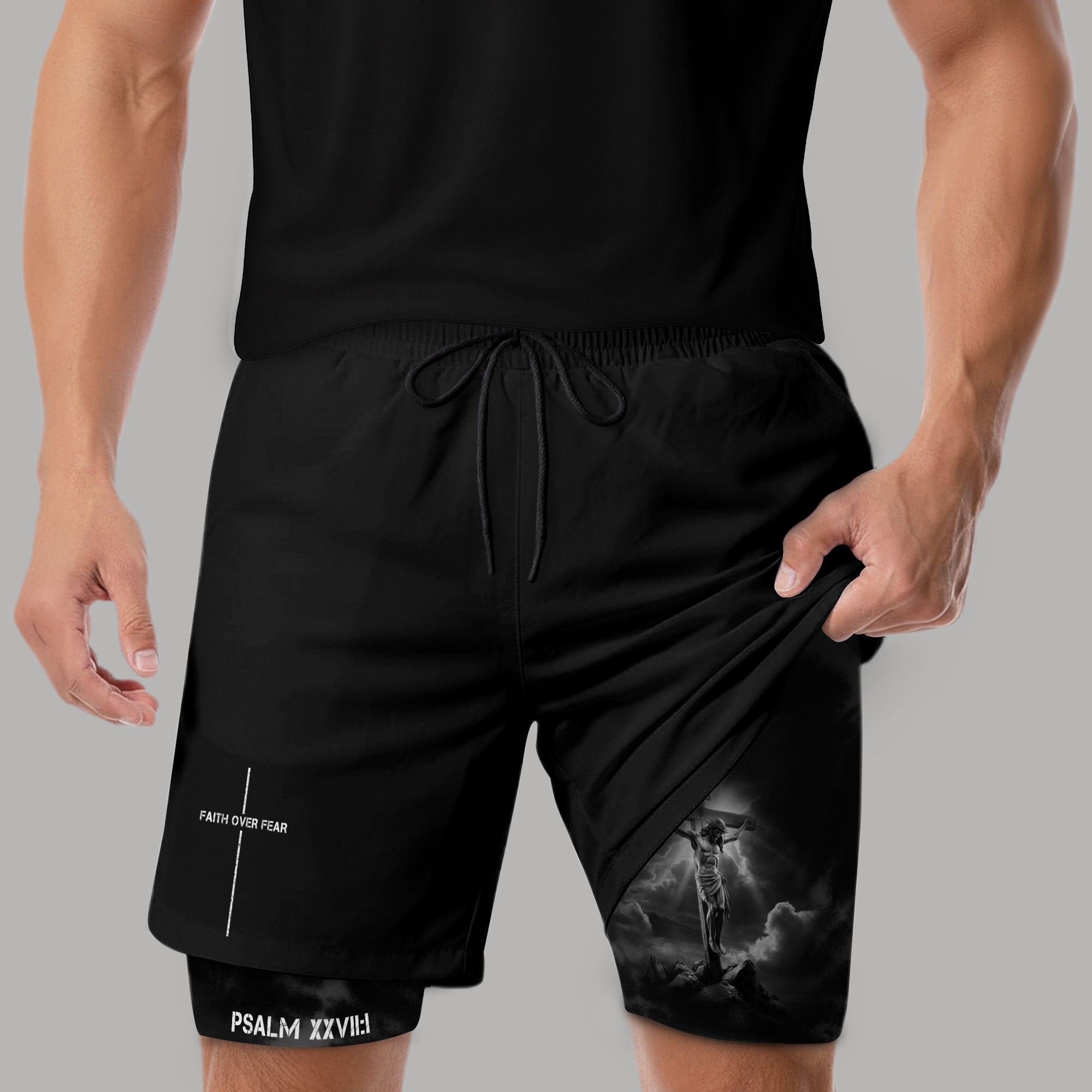 Psalm 27 1 Christian Gym Shorts Jesus on Cross Faith Over Fear