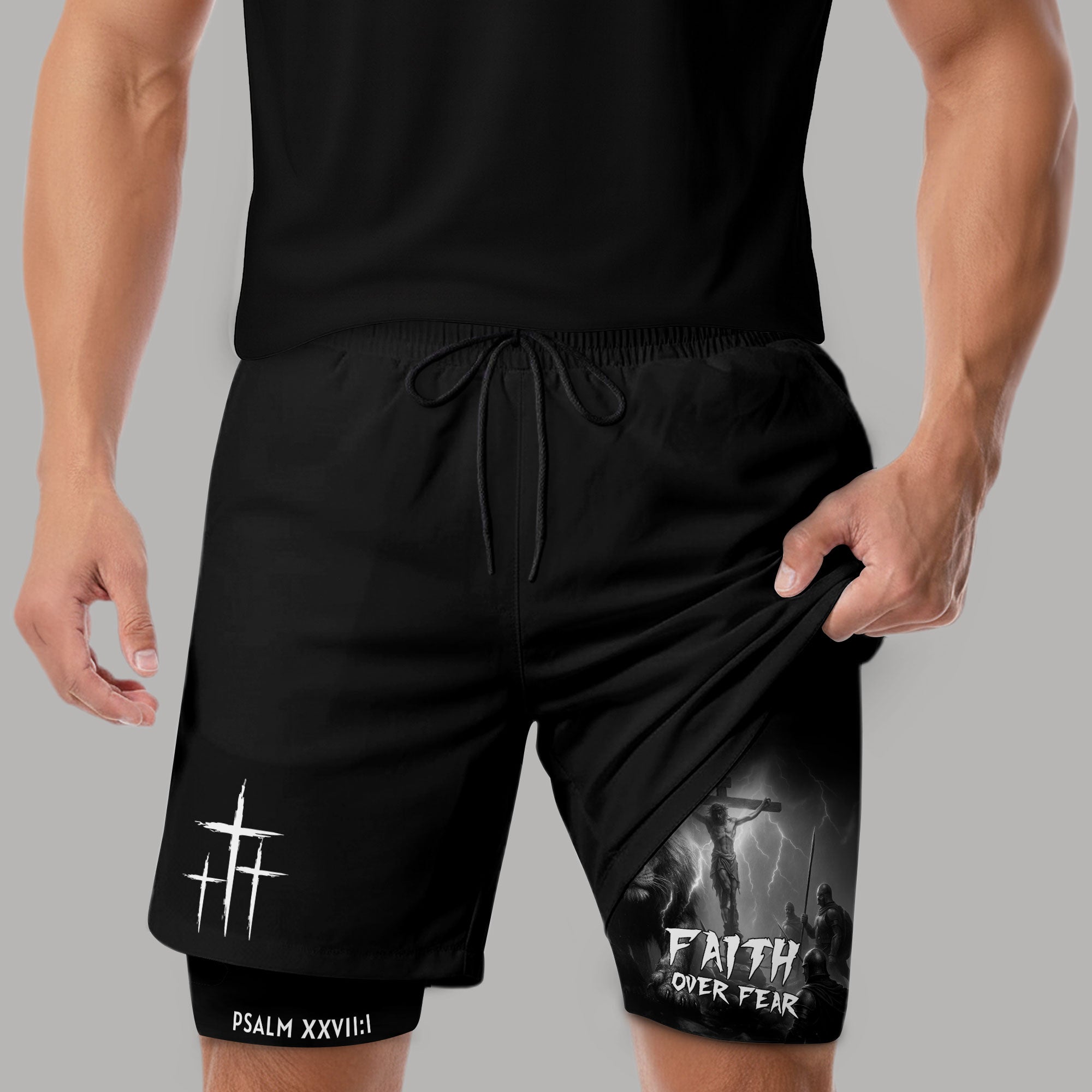 Psalm 27 1 Faith Over Fear Christian Gym Shorts Lion and Cross Design