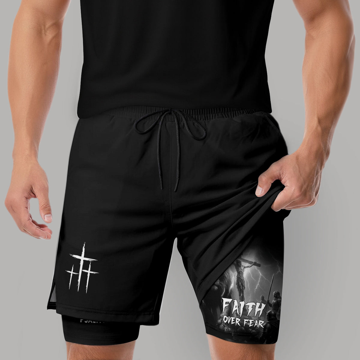 Psalm 27:1 Faith Over Fear Christian Gym Shorts Lion and Cross Design - Rust Field Wear
