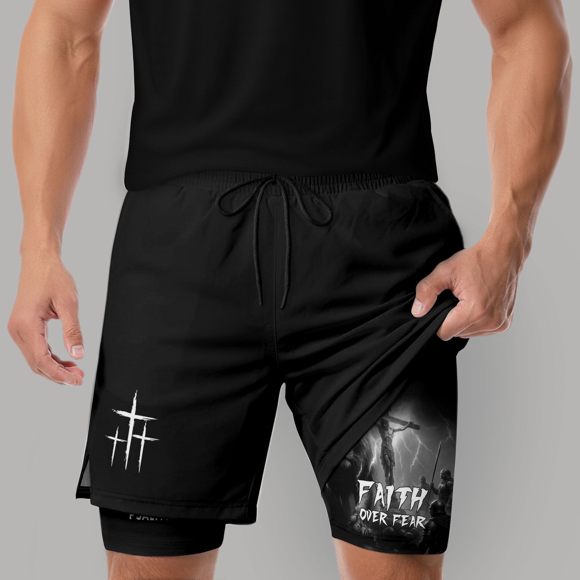 Psalm 27:1 Faith Over Fear Christian Gym Shorts Lion and Cross Design - Rust Field Wear