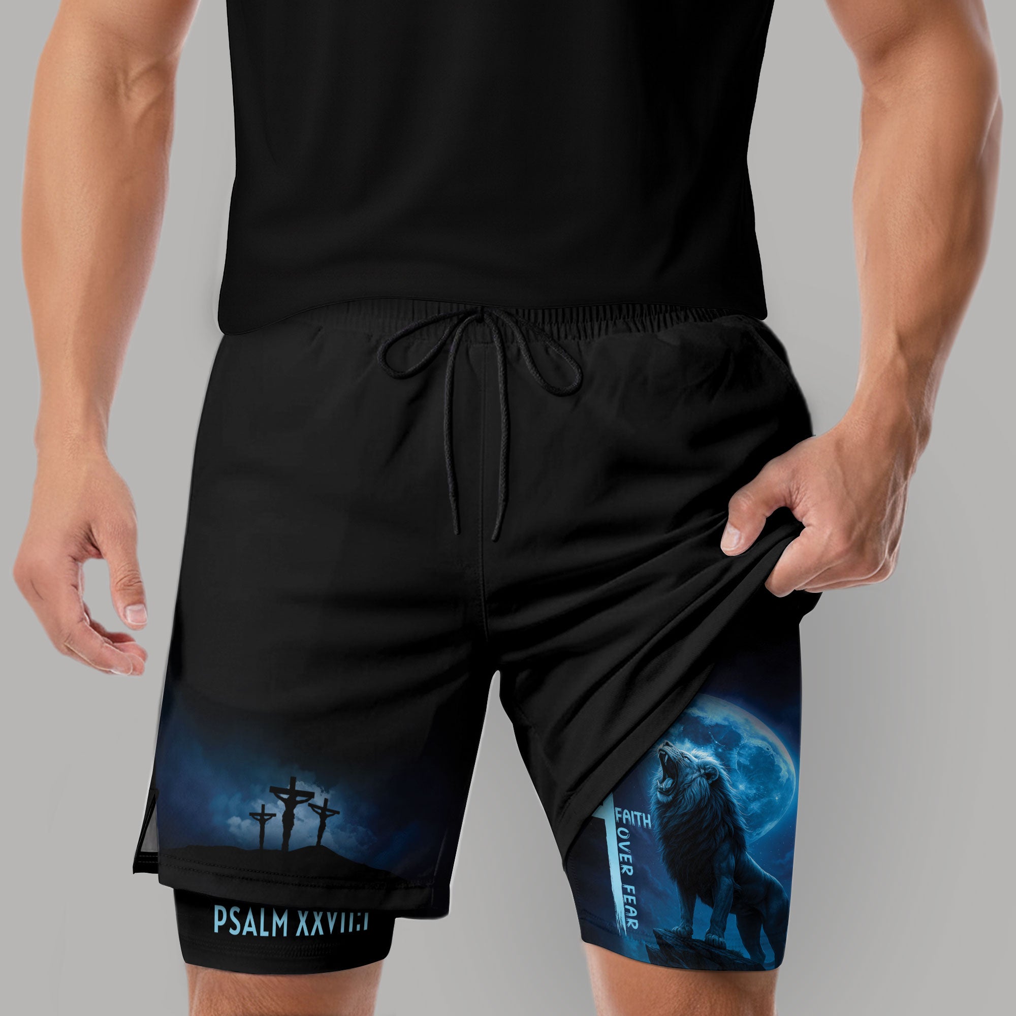 Psalm 27:1 Faith Over Fear Blue Lion Christian Gym Shorts - Rust Field Wear