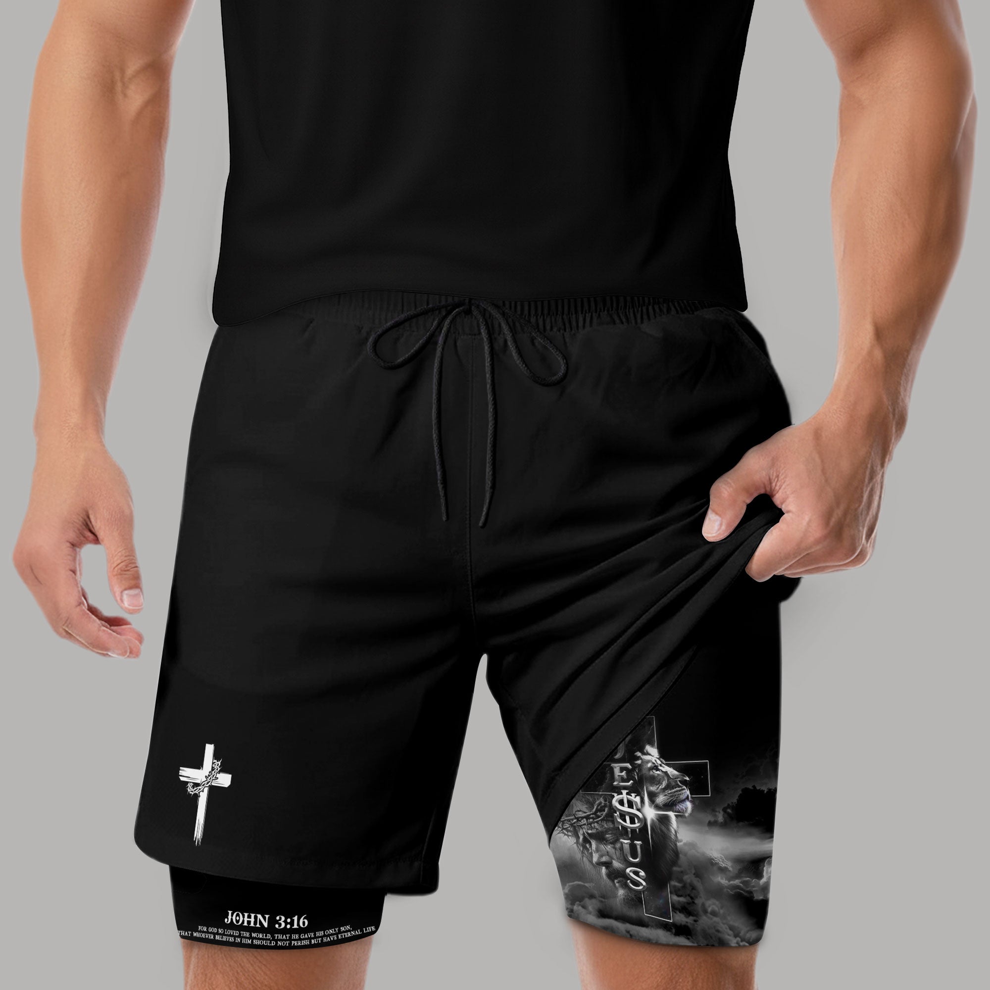 John 3 16 Christian Shorts for Men Jesus Cross Lion Design