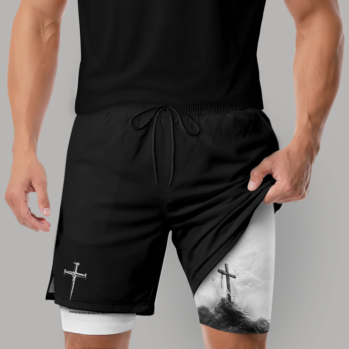 John 3:16 Christian Gym Shorts for Men with Liner Cross Design Religious - Rust Field Wear