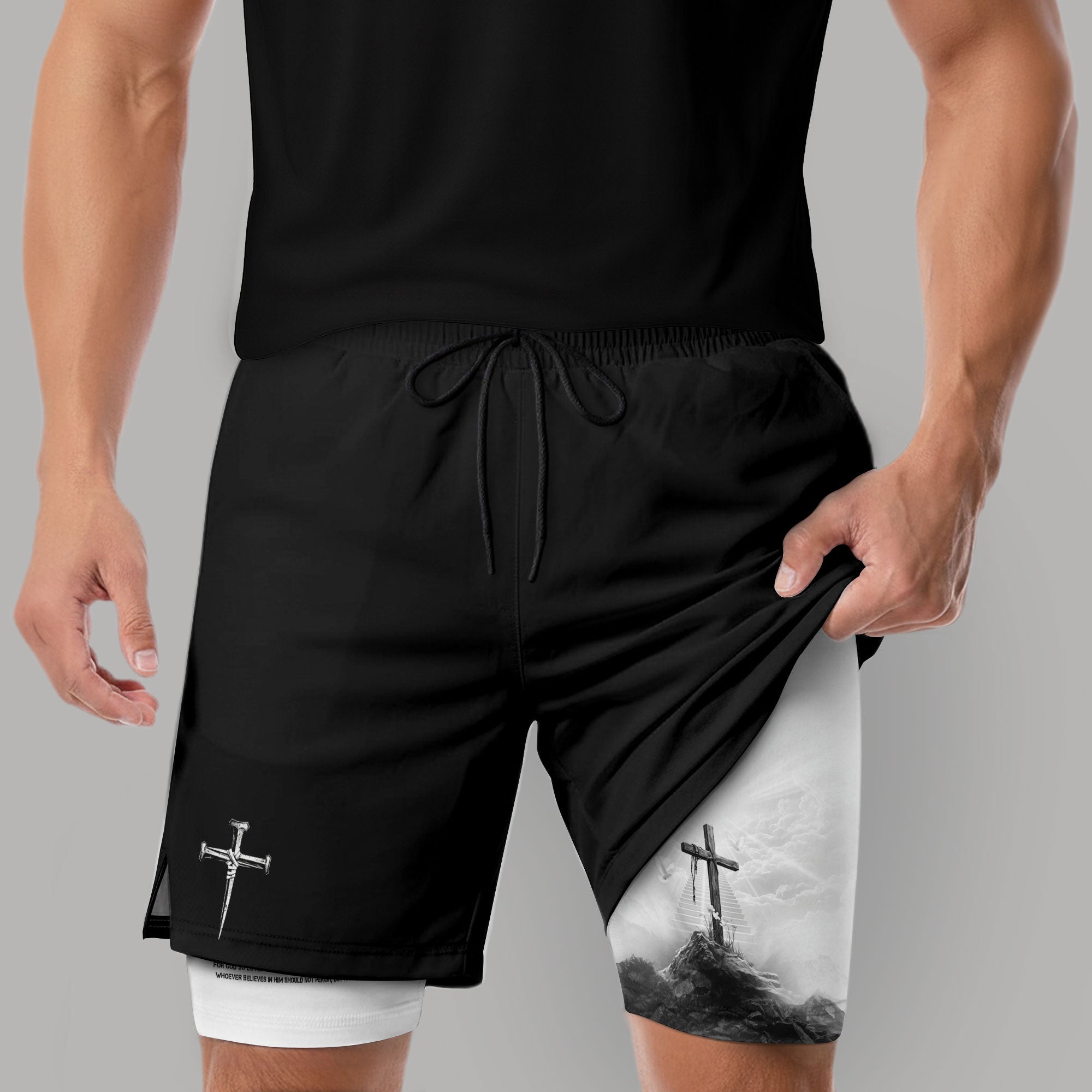 John 3:16 Christian Gym Shorts for Men with Liner Cross Design Religious - Rust Field Wear