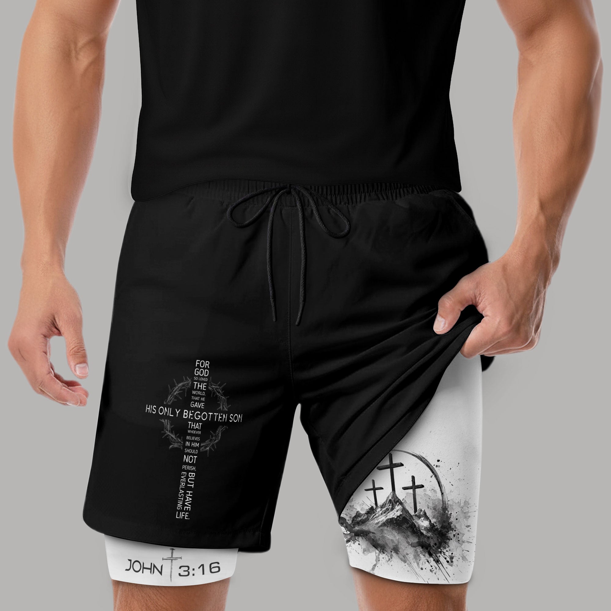 John 3:16 Christian Gym Shorts for Men with Liner Mountain Cross Design