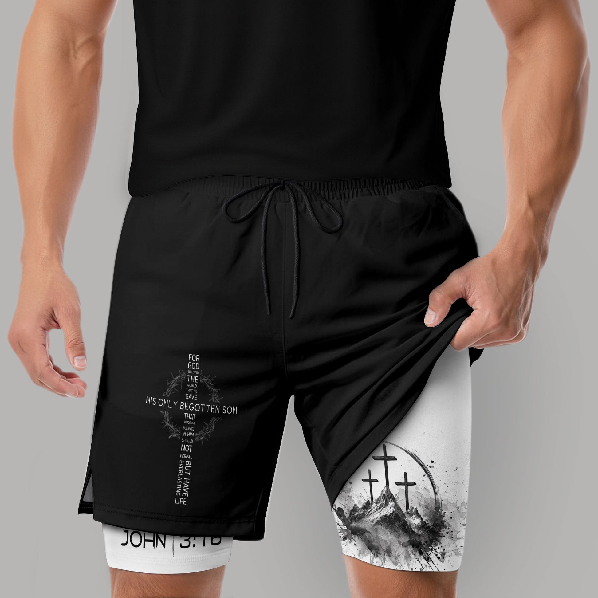 John 3:16 Christian Gym Shorts for Men with Liner Mountain Cross Design - Rust Field Wear