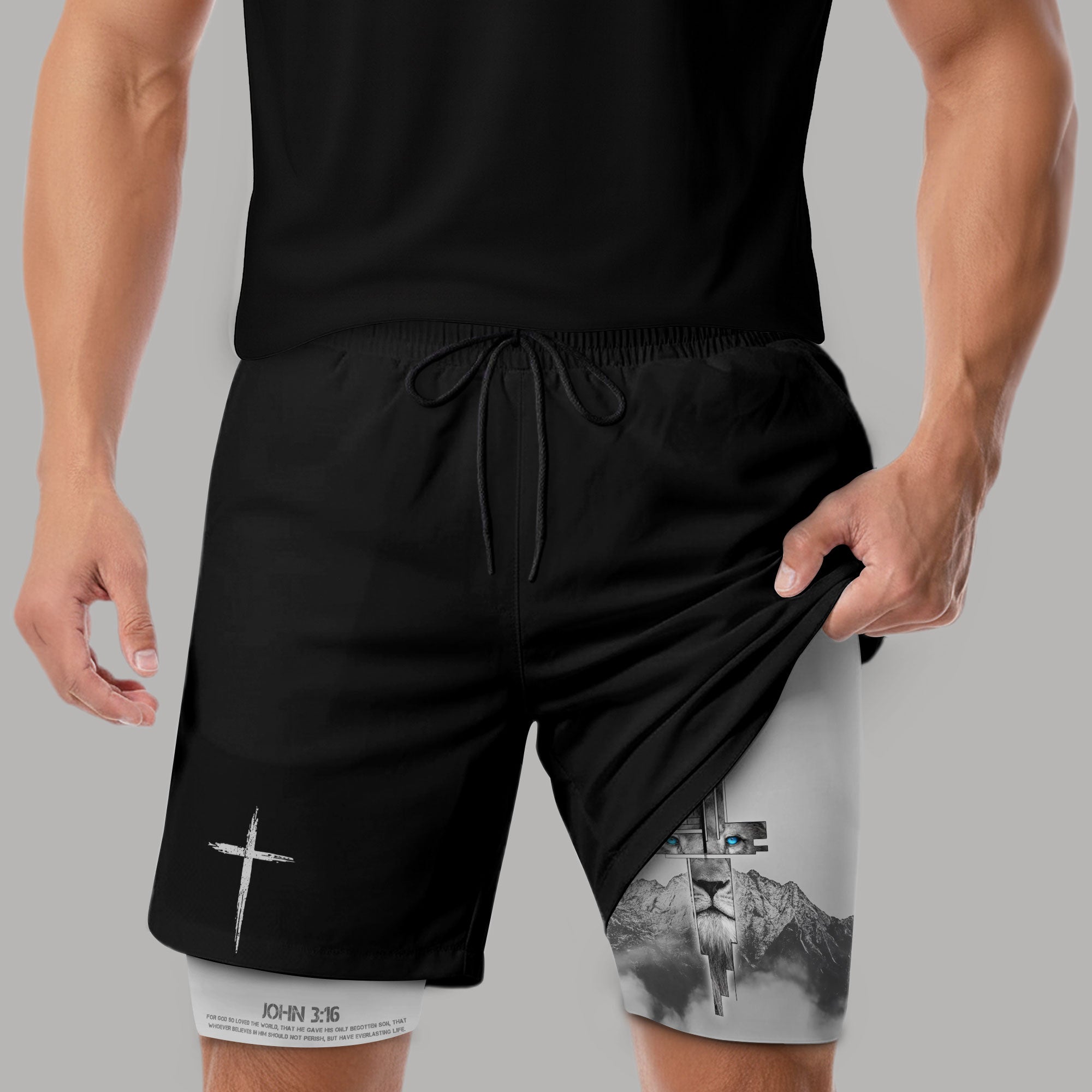 John 3:16 Christian Gym Shorts for Men with Liner Lion Cross Design
