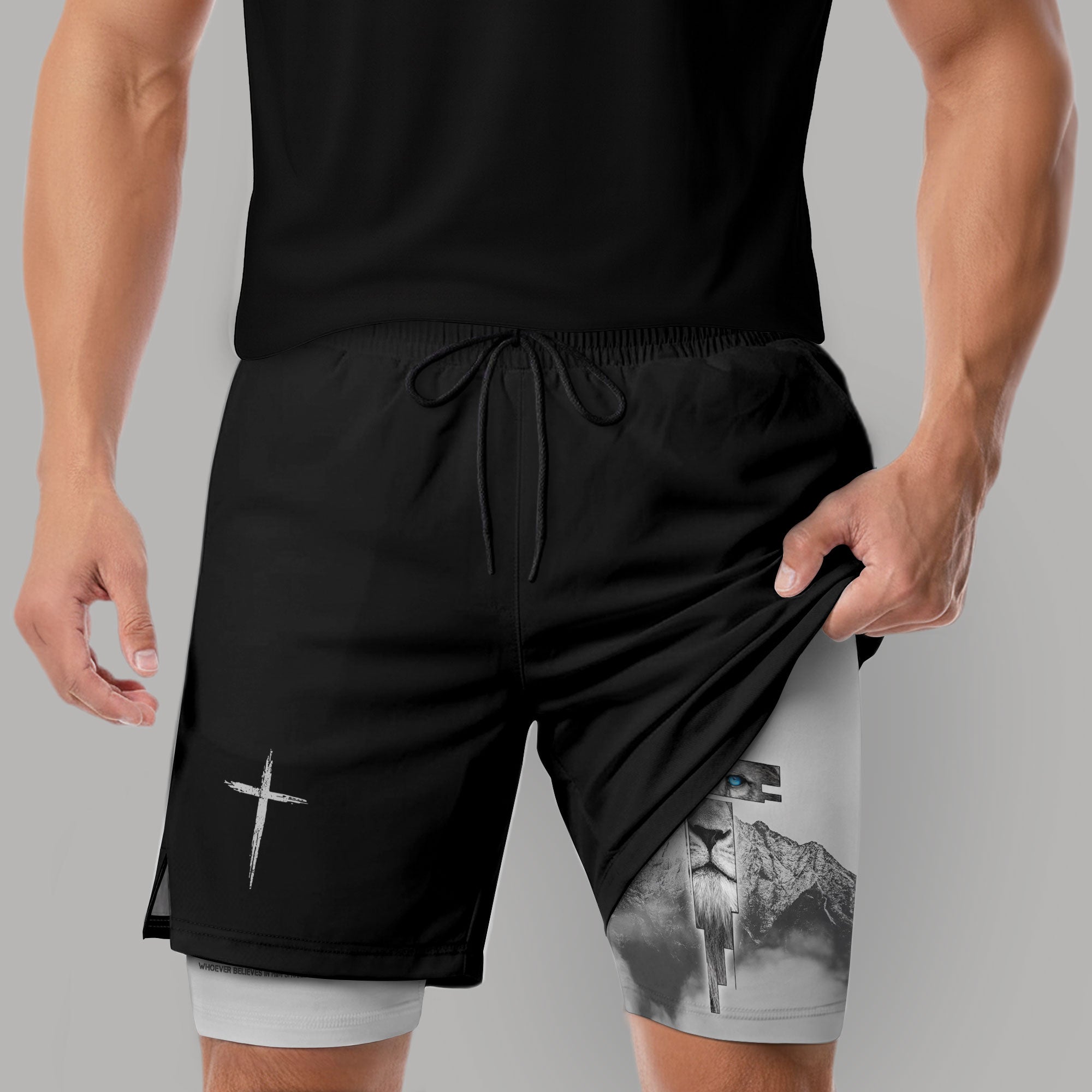John 3:16 Christian Gym Shorts for Men with Liner Lion Cross Design - Rust Field Wear