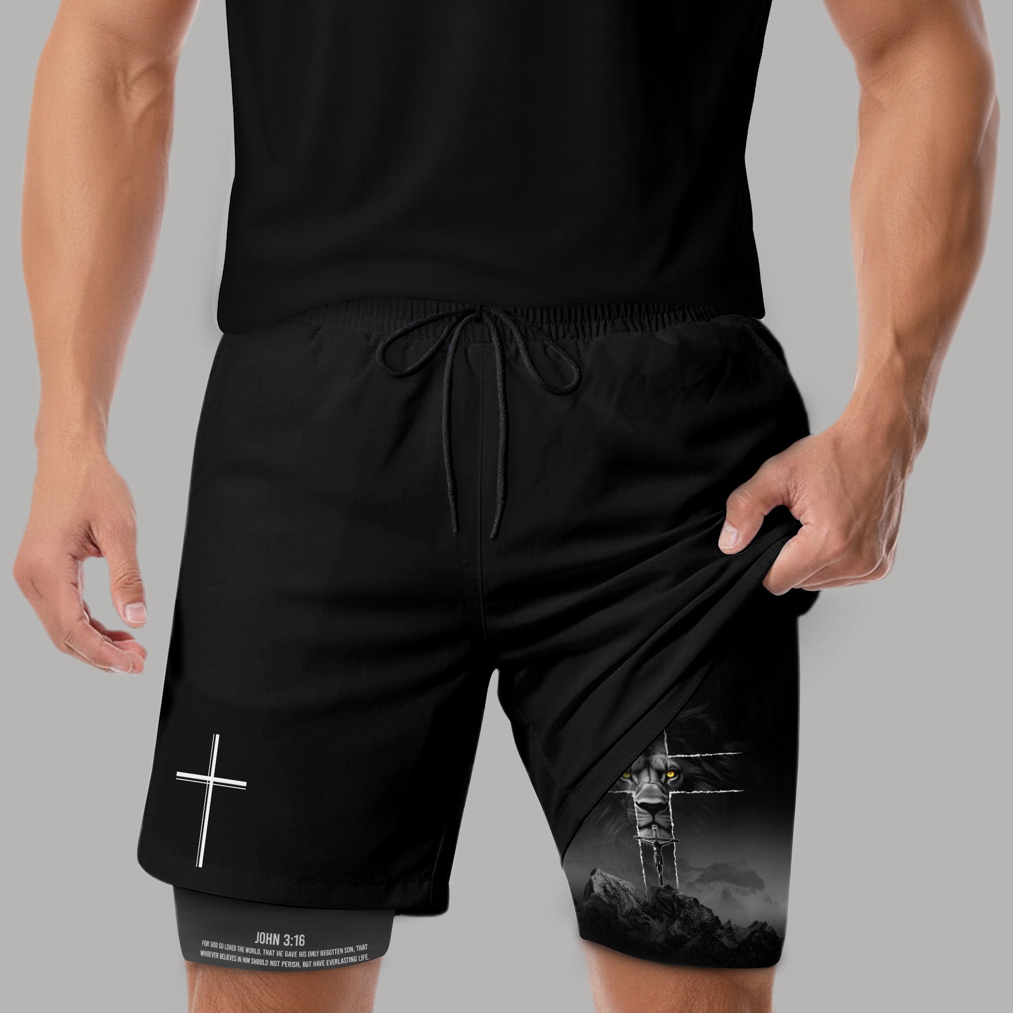 John 3:16 Christian Gym Shorts for Men with Liner Golden Eye Lion Design