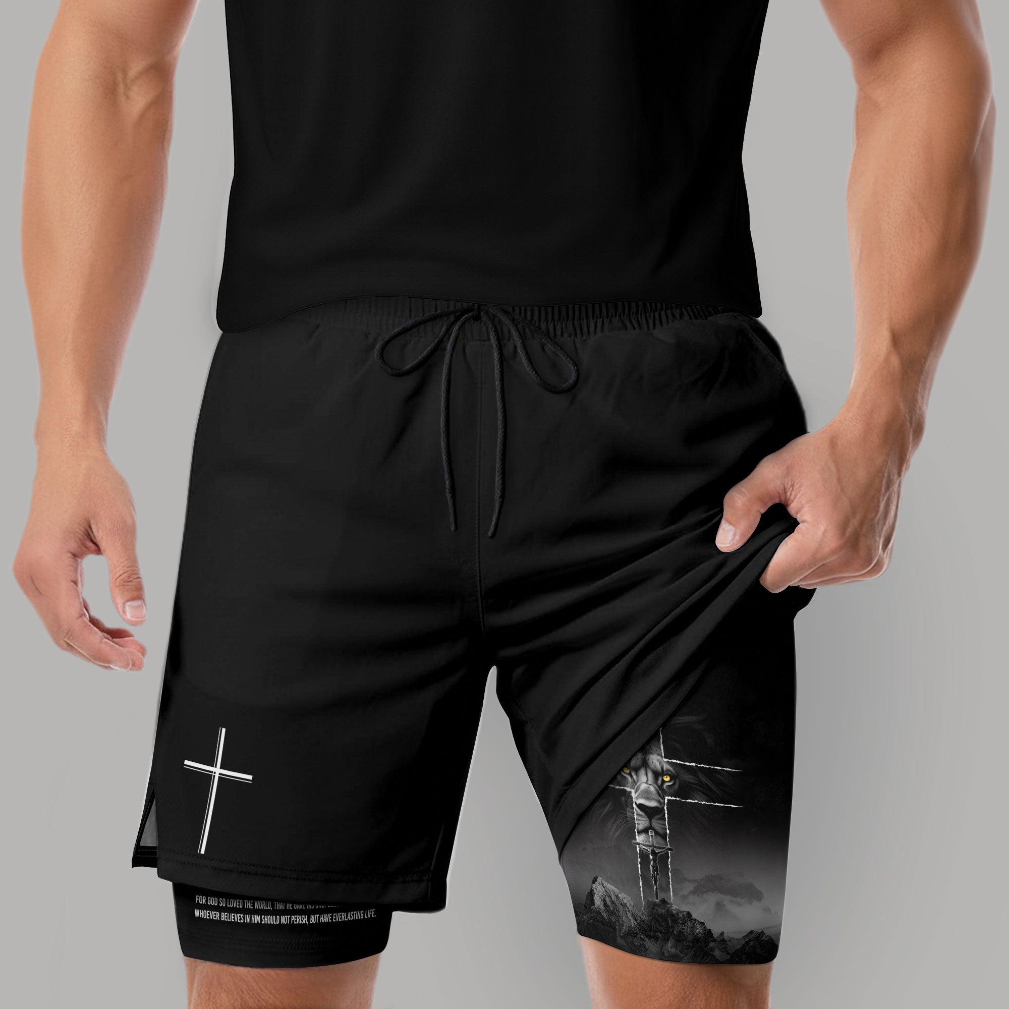 John 3:16 Christian Gym Shorts for Men with Liner Golden Eye Lion Design - Rust Field Wear