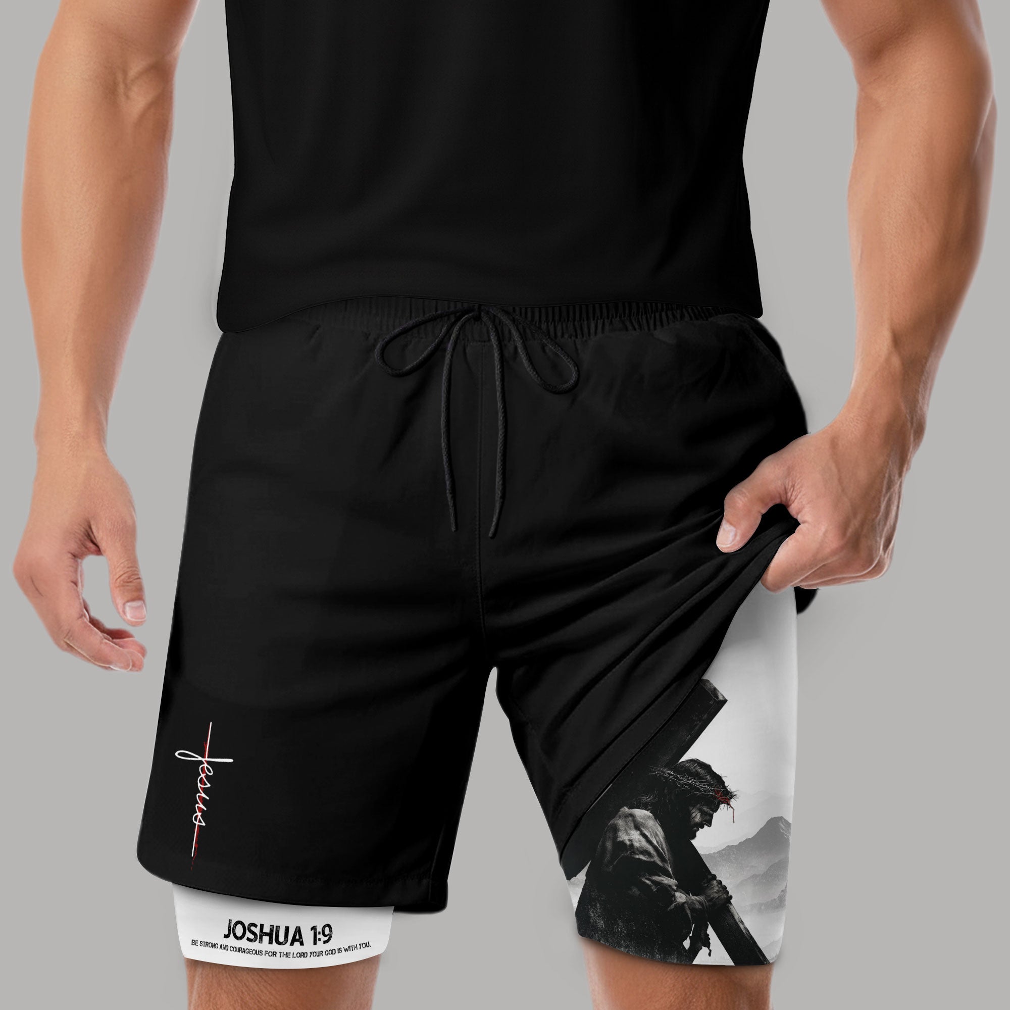 Joshua 1 9 Jesus Carrying Cross Christian Gym Shorts Faith Strength