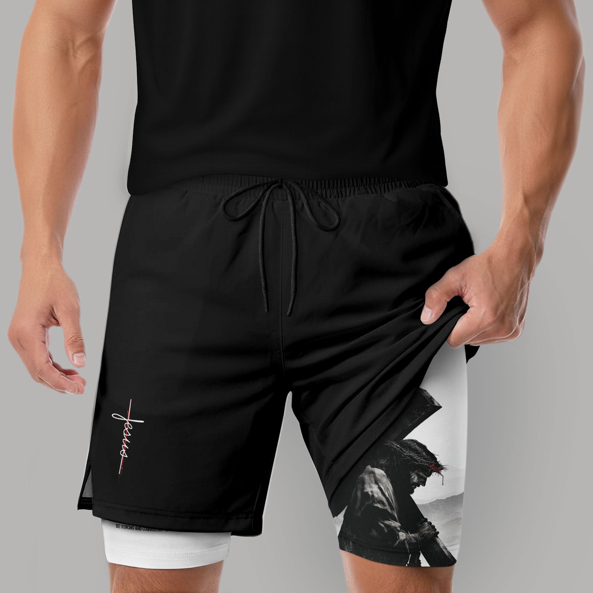 Joshua 1:9 Jesus Carrying Cross Christian Gym Shorts Faith Strength - Rust Field Wear