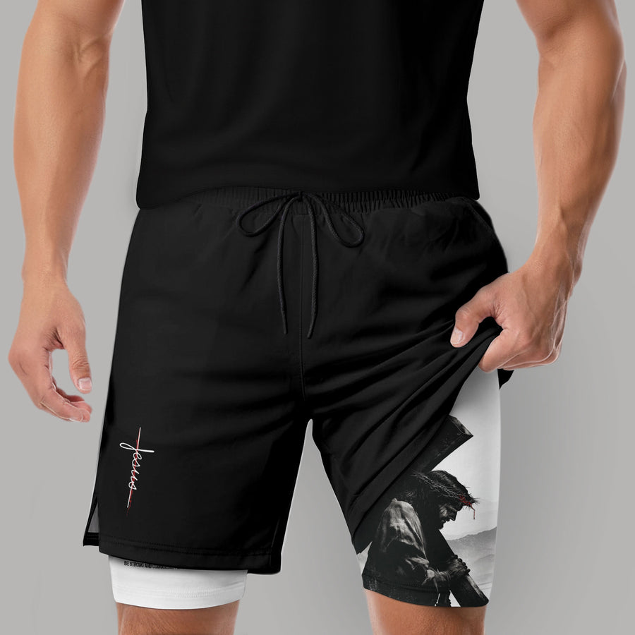 Joshua 1:9 Jesus Carrying Cross Christian Gym Shorts Faith Strength