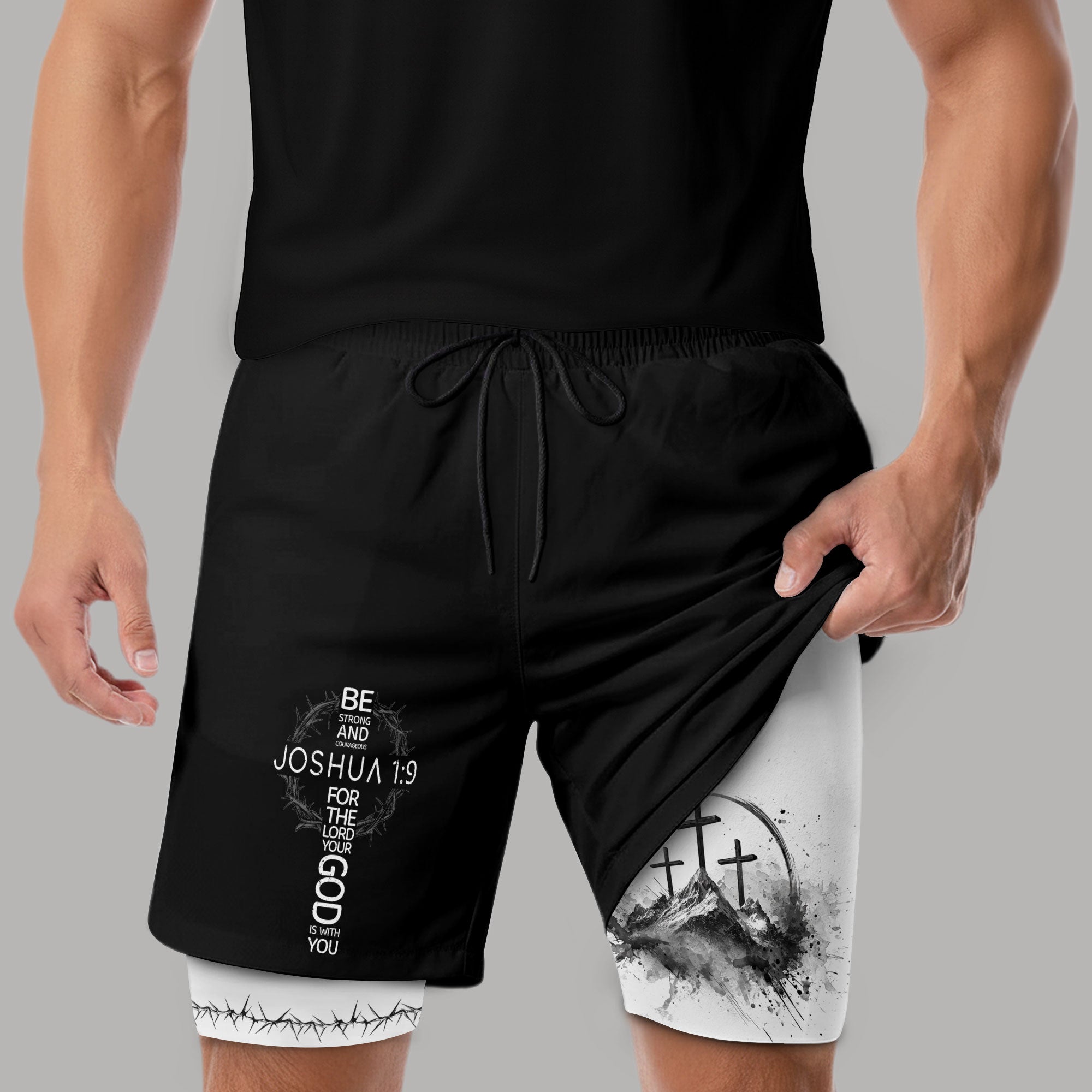 Joshua 1 9 Three Crosses Christian Gym Shorts Faith Over Fear