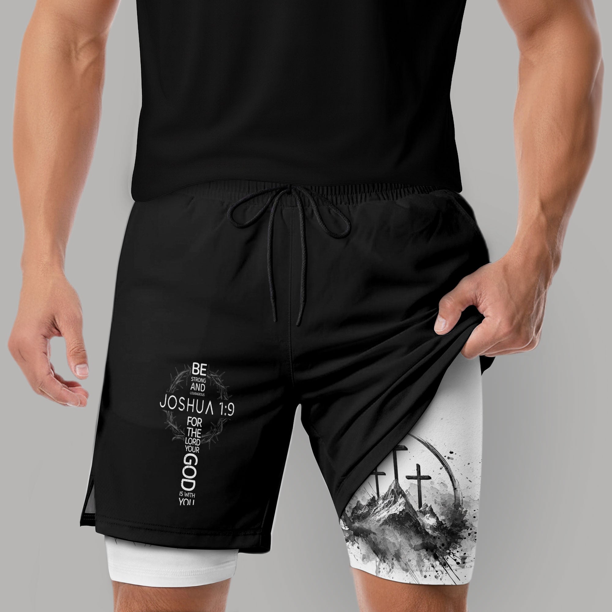 Joshua 1:9 Three Crosses Christian Gym Shorts Faith Over Fear - Rust Field Wear