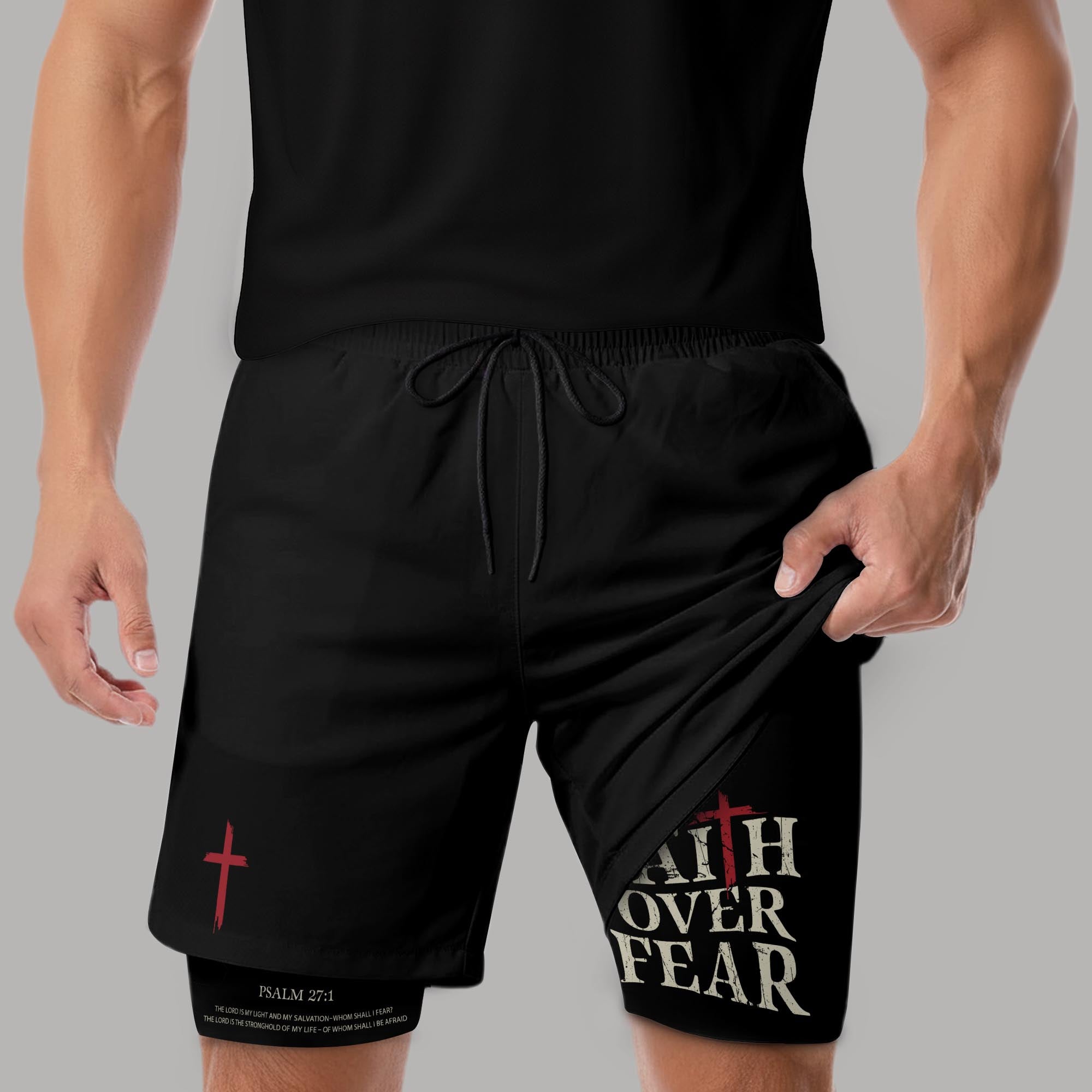 Faith Over Fear Christian Gym Shorts for Men Psalm 27 1 Red Cross