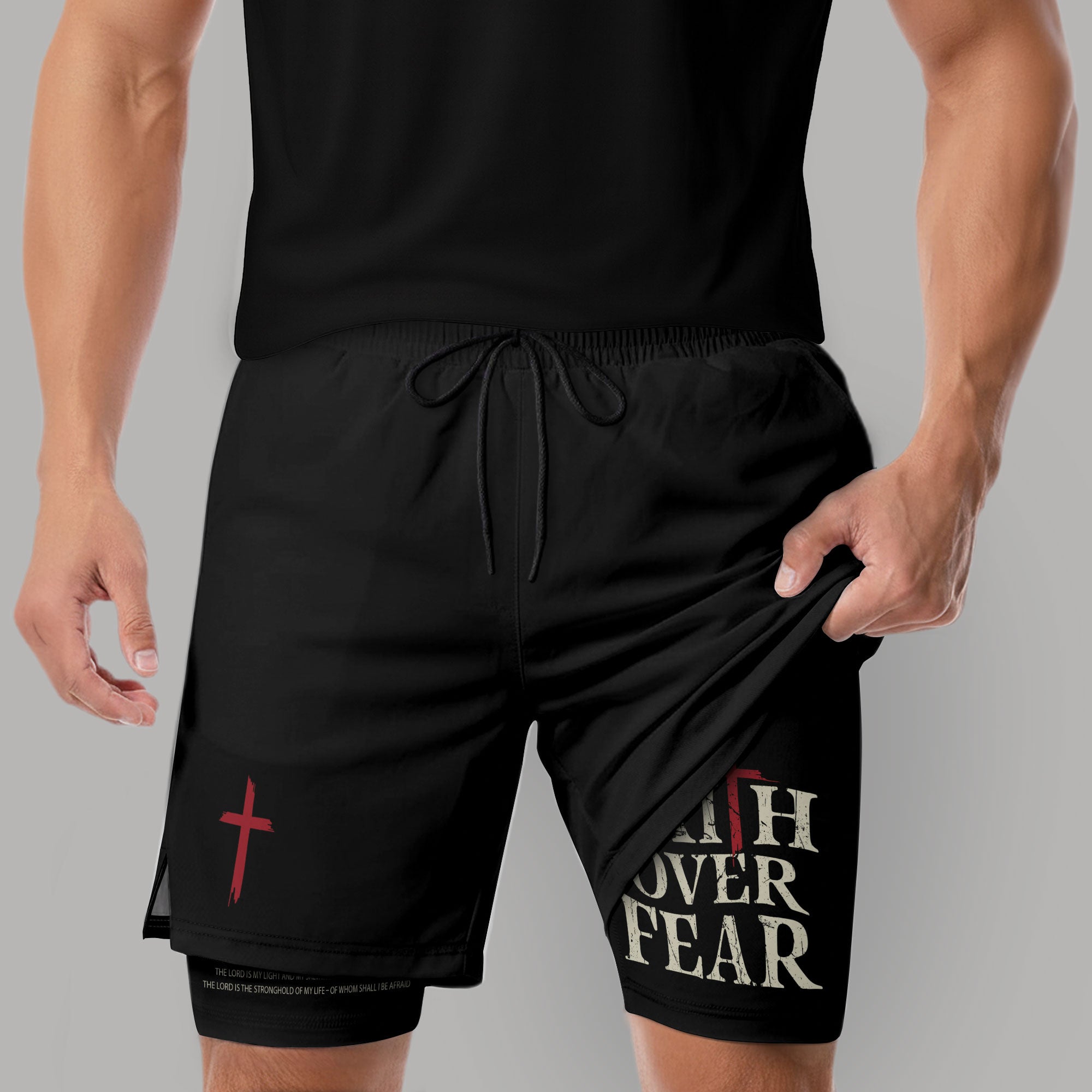 Faith Over Fear Christian Gym Shorts for Men Psalm 27:1 Red Cross - Rust Field Wear