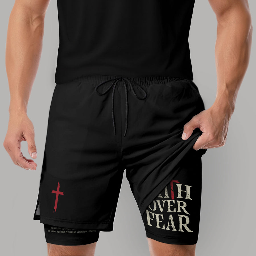 Faith Over Fear Christian Gym Shorts for Men Psalm 27:1 Red Cross