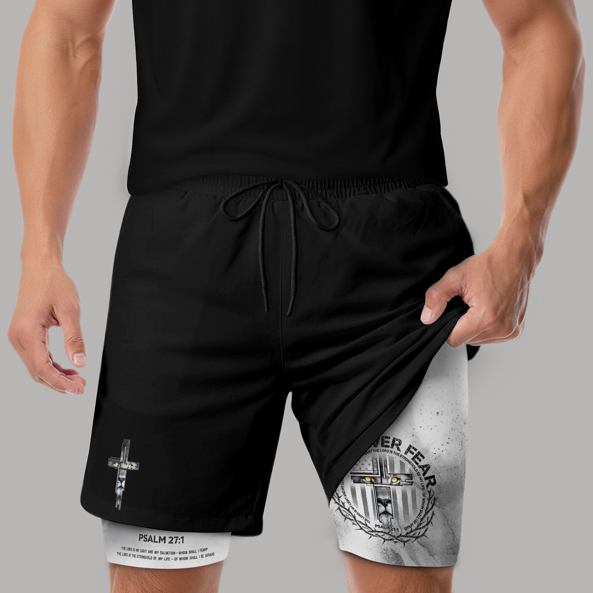 Faith Over Fear Christian Gym Shorts for Men Psalm 27 1 Armor Cross Lion