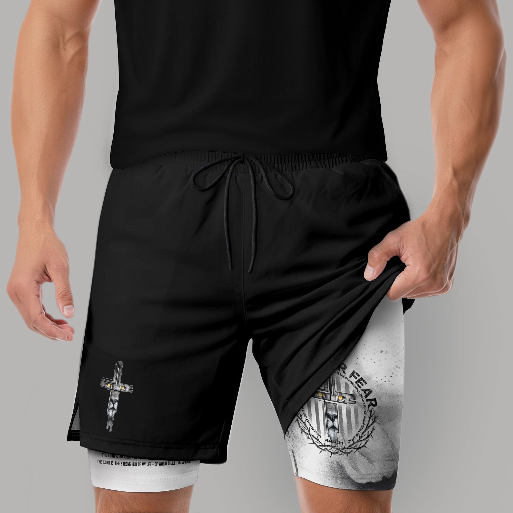 Faith Over Fear Christian Gym Shorts for Men Psalm 27:1 Armor Cross Lion - Rust Field Wear