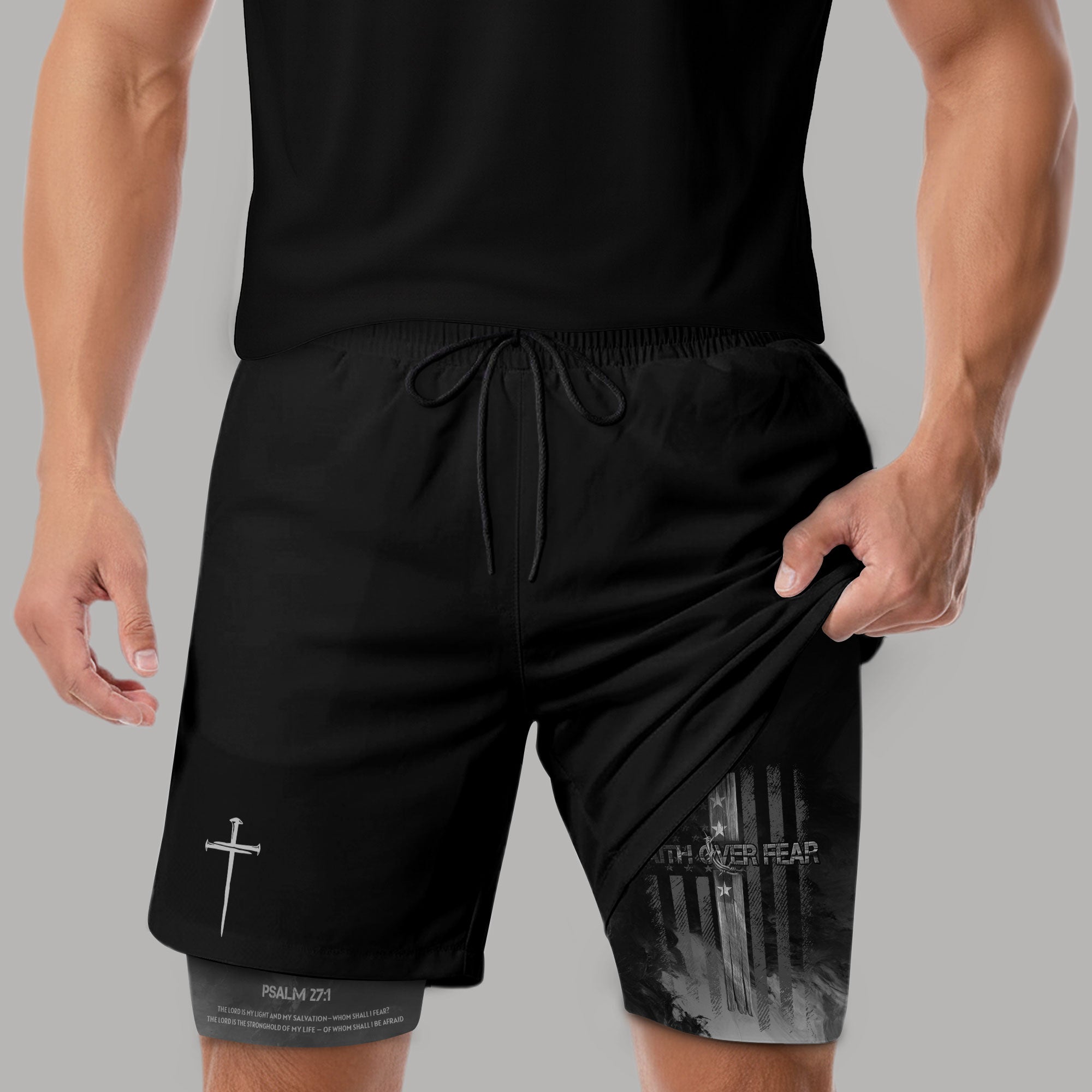 Faith Over Fear Christian Gym Shorts for Men Psalm 27 1 American Flag Cross