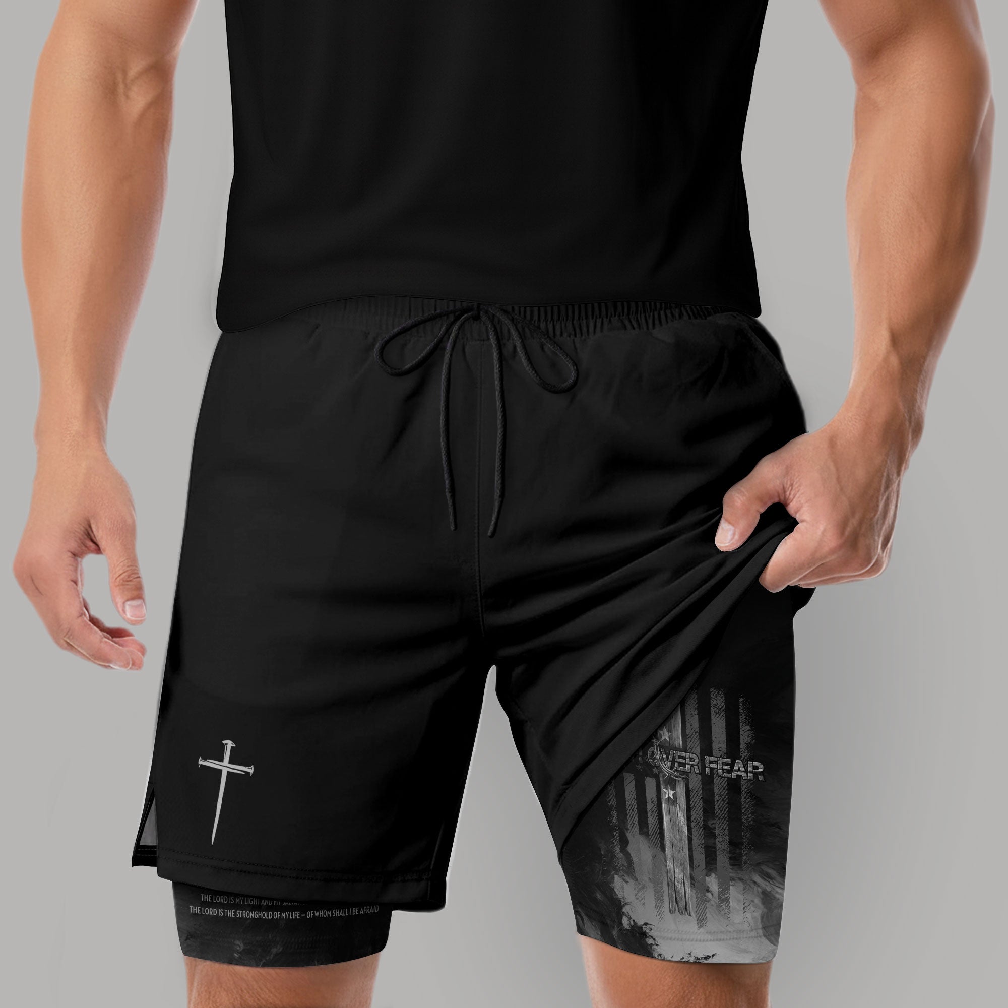 Faith Over Fear Christian Gym Shorts for Men Psalm 27:1 American Flag Cross - Rust Field Wear