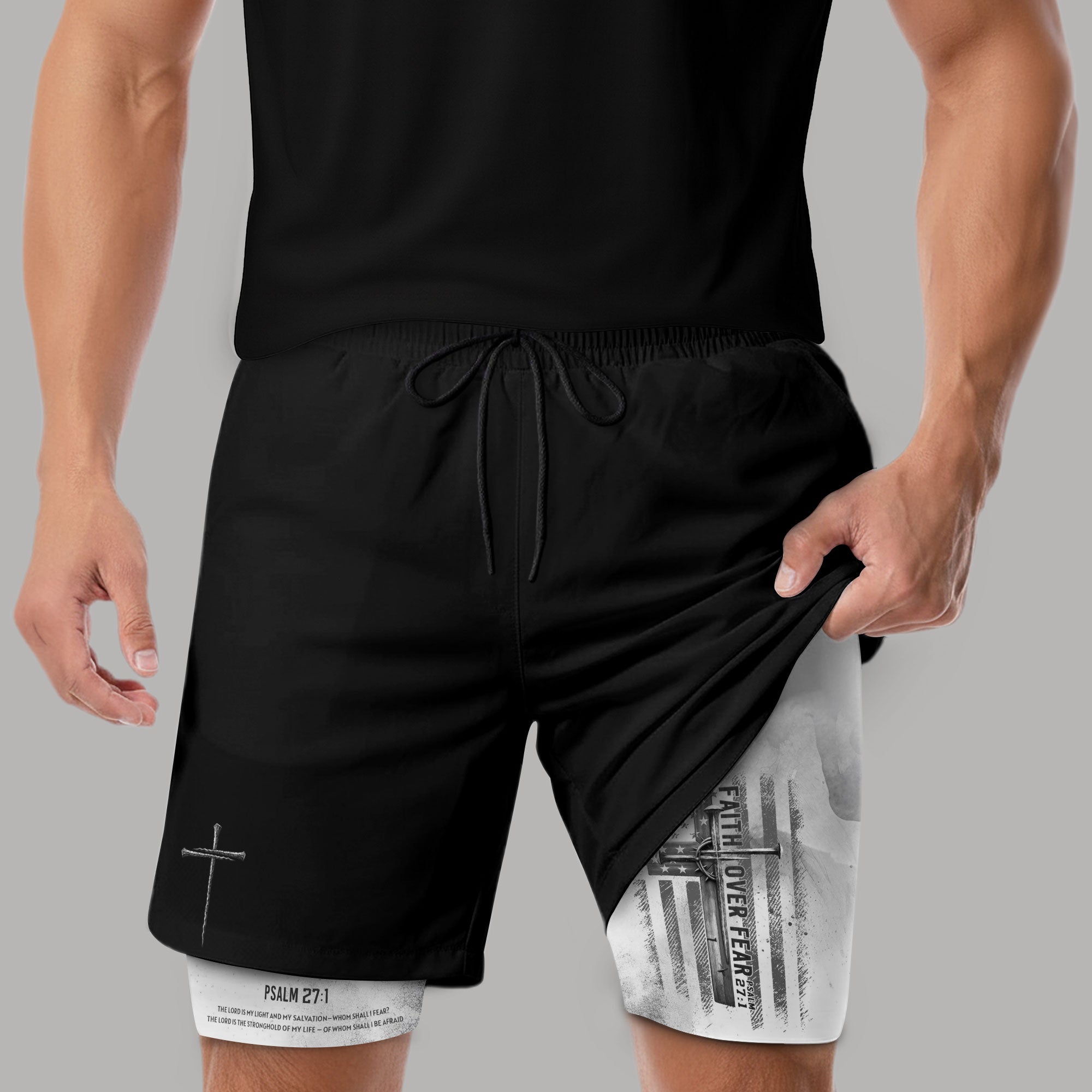 Faith Over Fear Christian Gym Shorts for Men Psalm 27 1 White Flag Cross