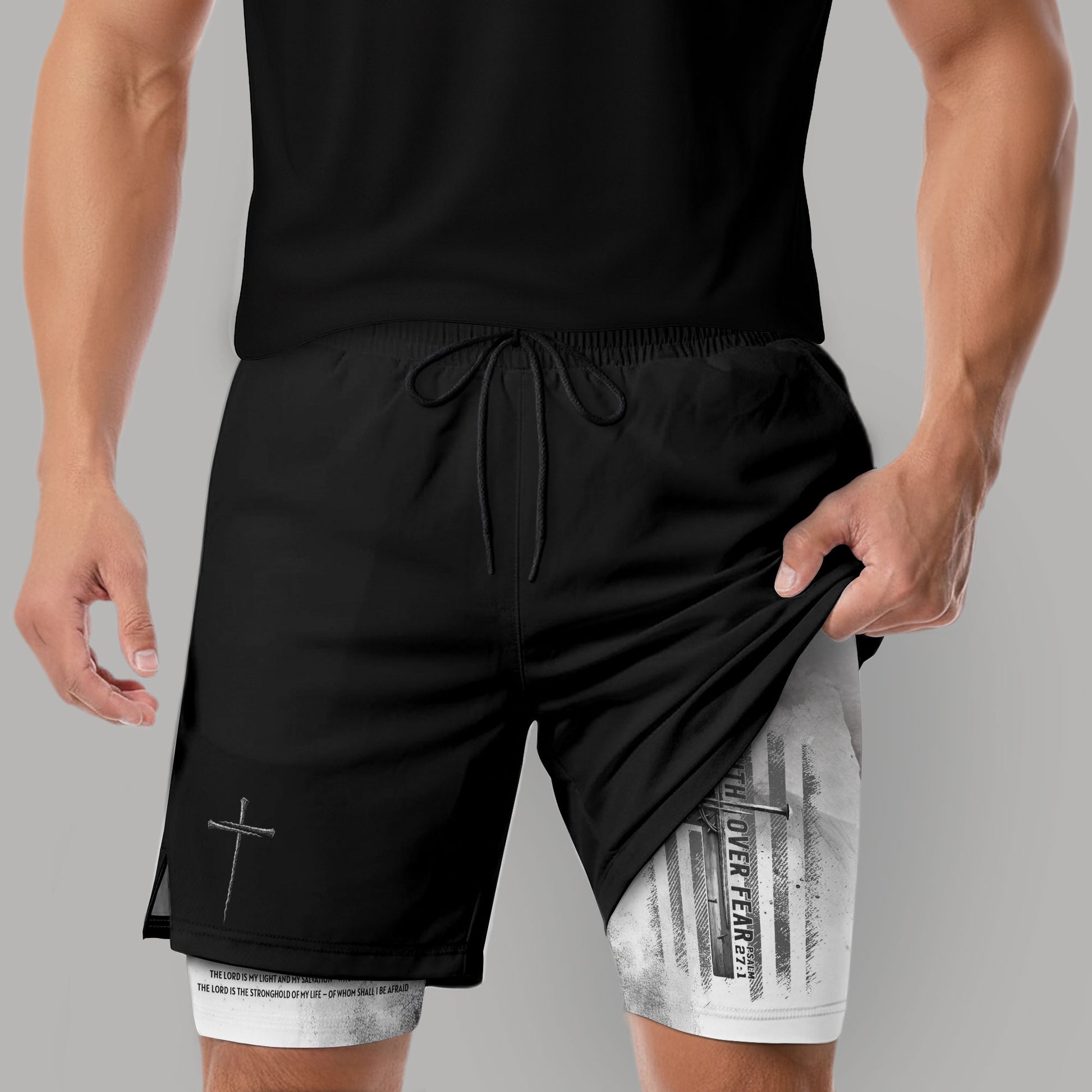 Faith Over Fear Christian Gym Shorts for Men Psalm 27:1 White Flag Cross - Rust Field Wear