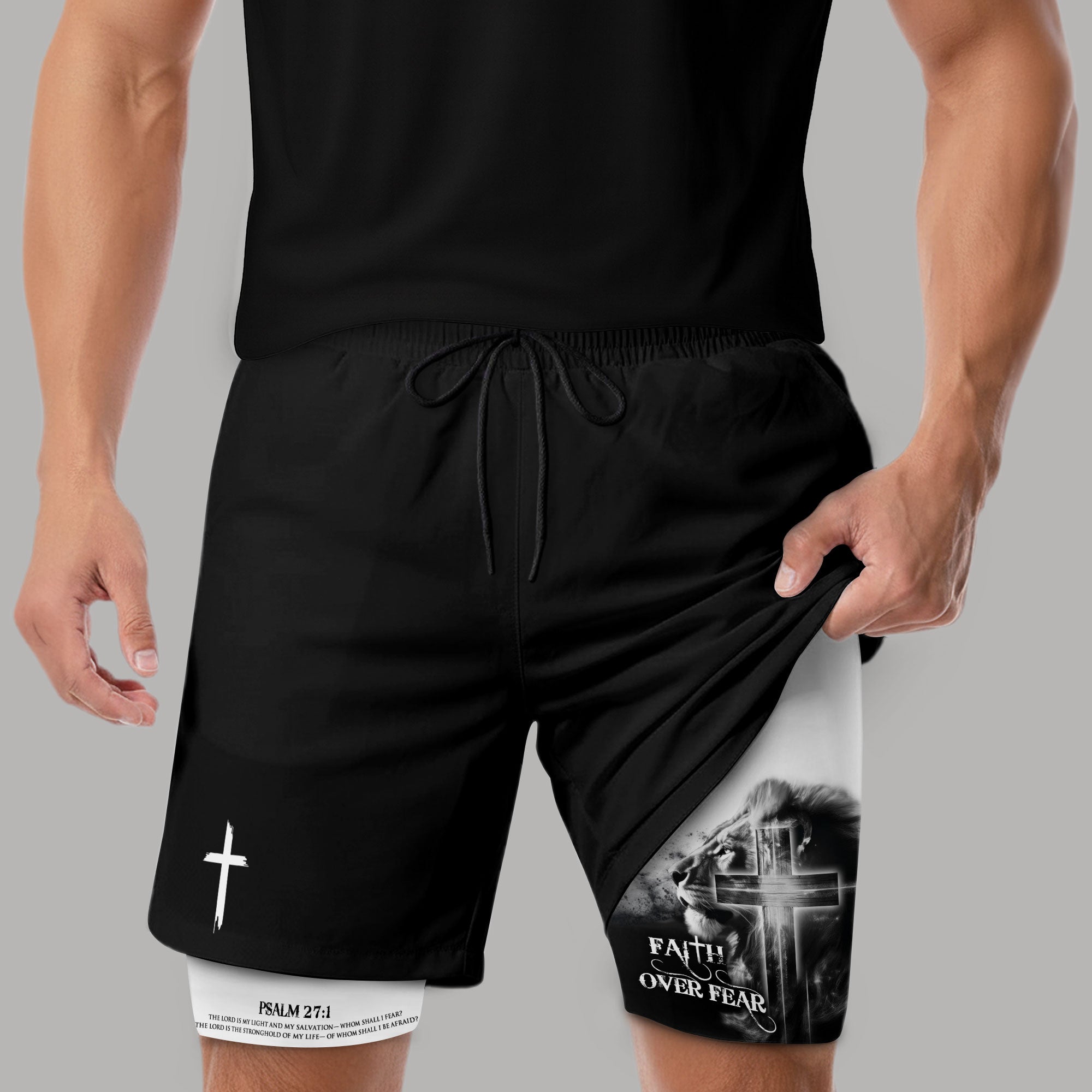Faith Over Fear Christian Gym Shorts for Men – Psalm 27:1 Lion Cross