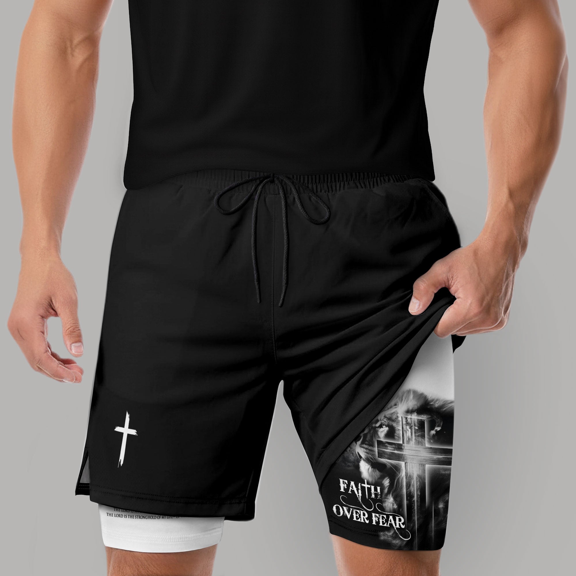 Faith Over Fear Christian Gym Shorts for Men – Psalm 27:1 Lion Cross - Rust Field Wear