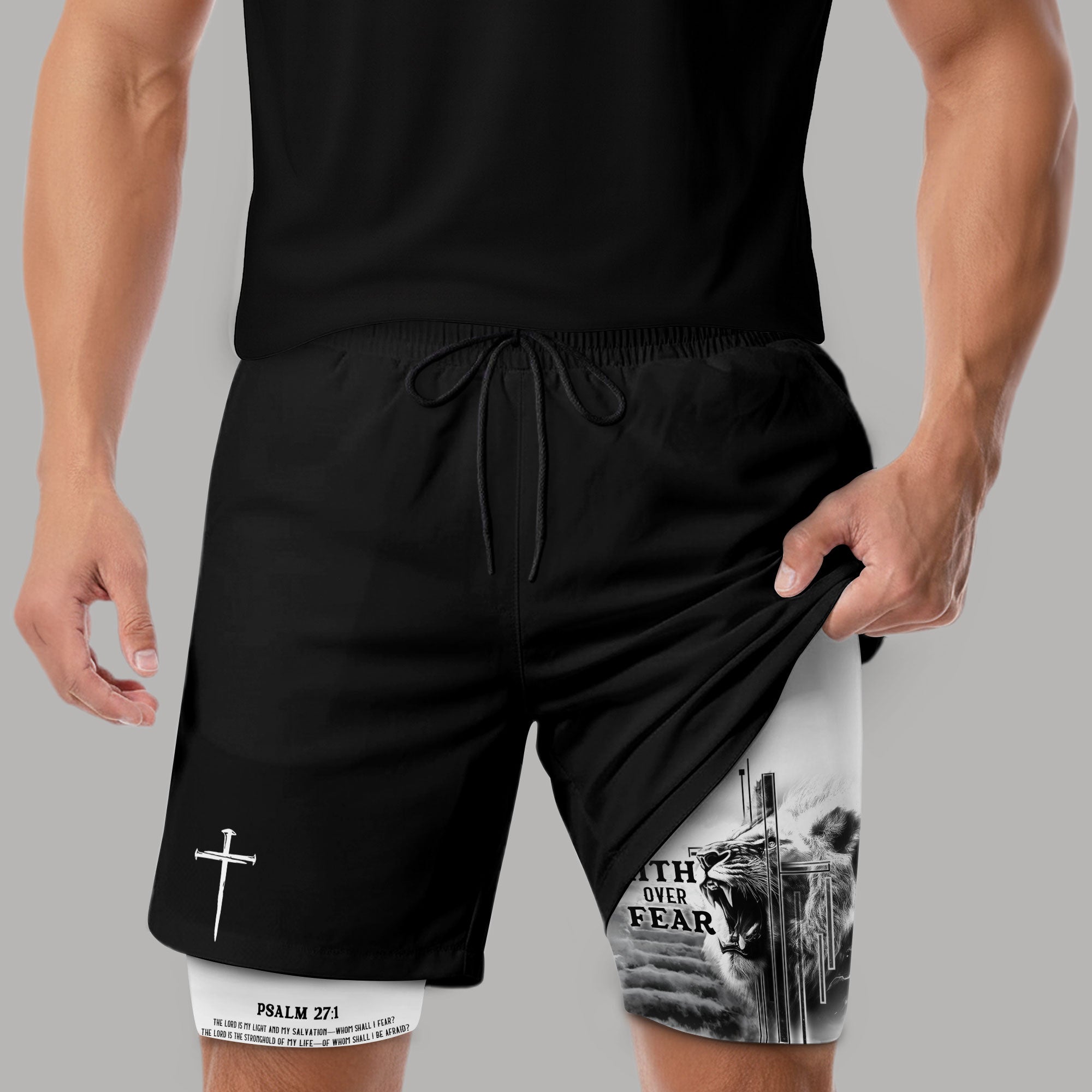 Faith Over Fear Christian Gym Shorts Psalm 27 1 Lion Cross