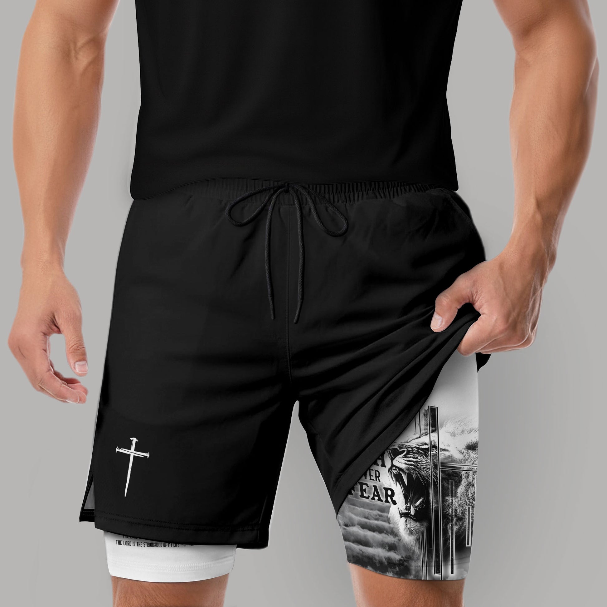 Faith Over Fear Christian Gym Shorts Psalm 27:1 Lion Cross - Rust Field Wear
