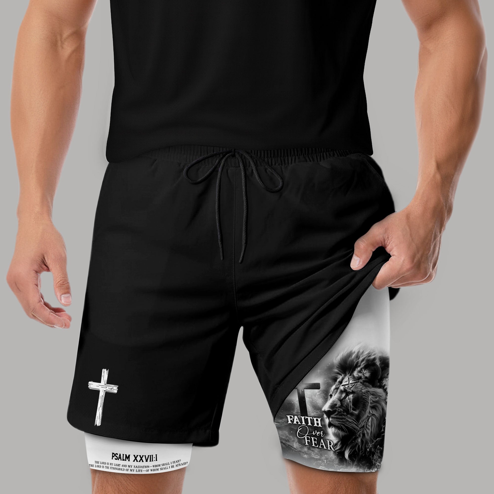 Faith Over Fear Psalm 27 1 Lion Cross Christian Gym Shorts