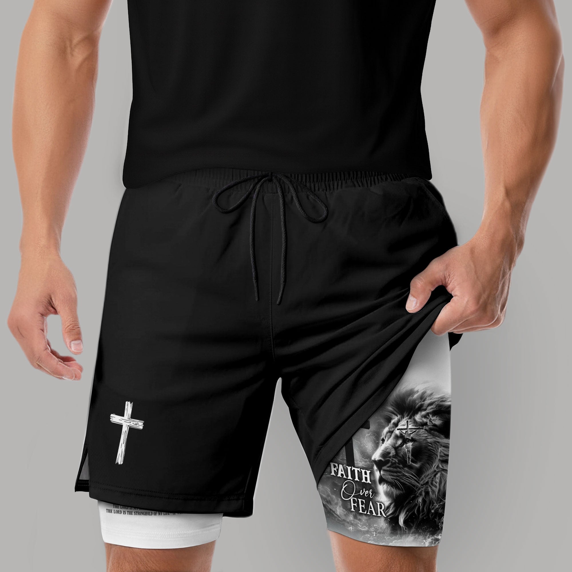 Faith Over Fear Psalm 27:1 Lion Cross Christian Gym Shorts - Rust Field Wear