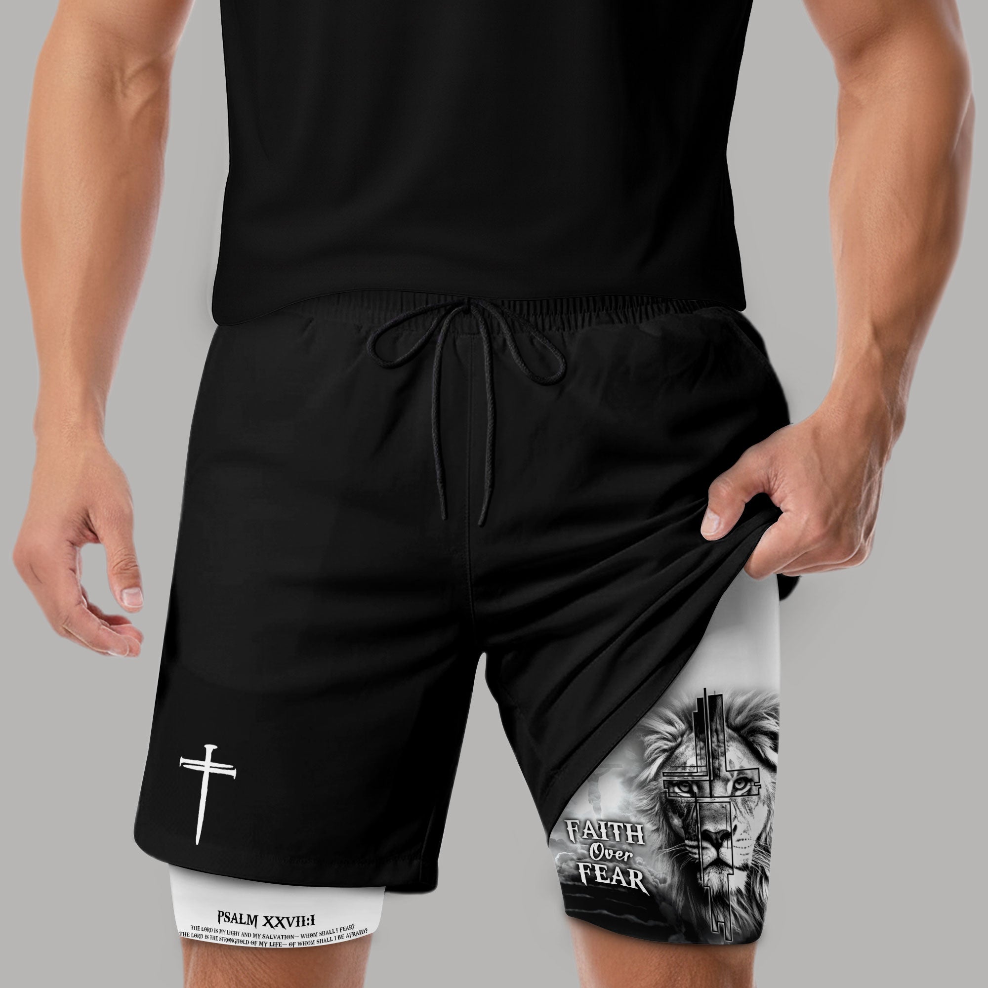 Faith Over Fear Psalm 27 1 Lion Cross Design Christian Gym Shorts