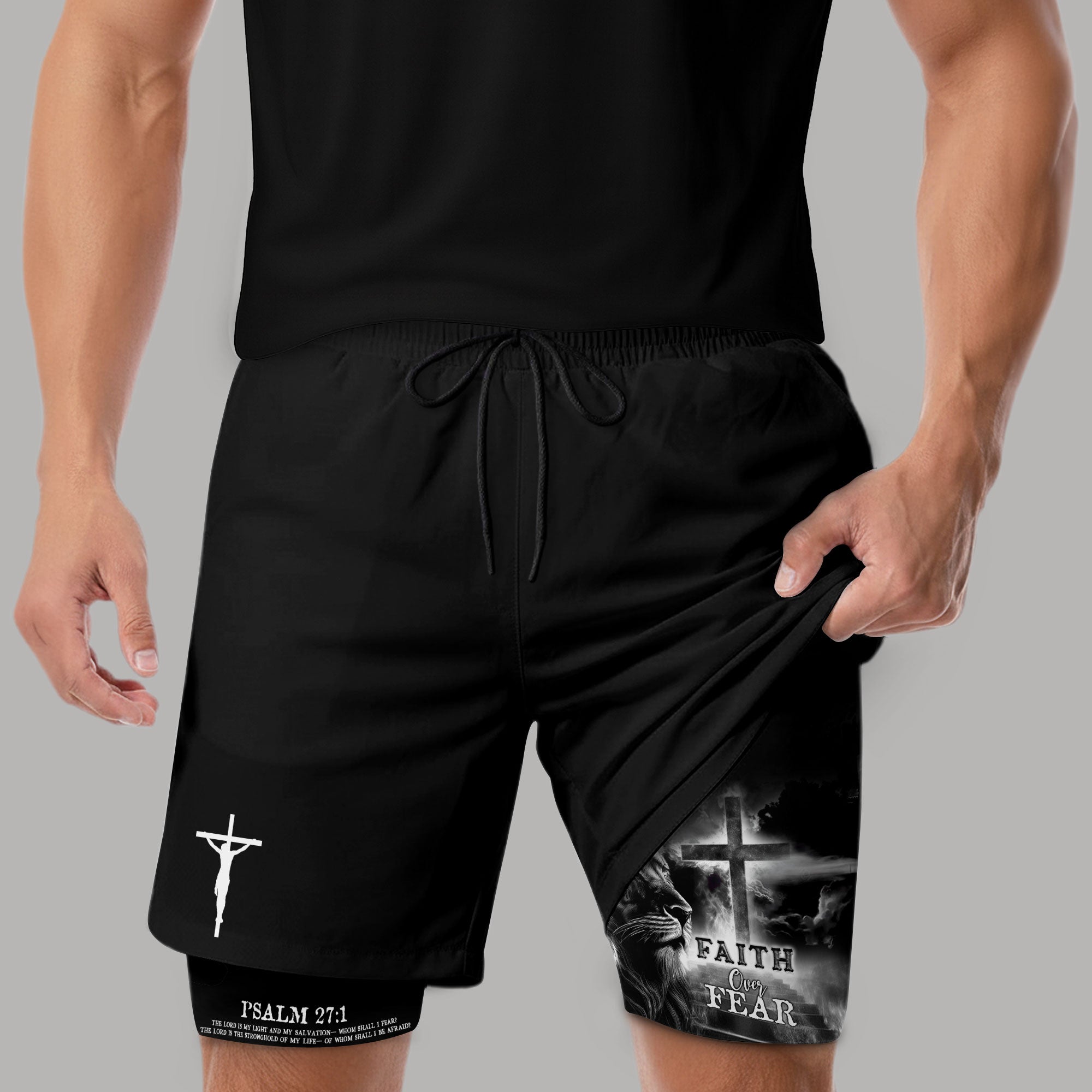Faith Over Fear Psalm 27 1 Jesus Cross Lion Christian Gym Shorts