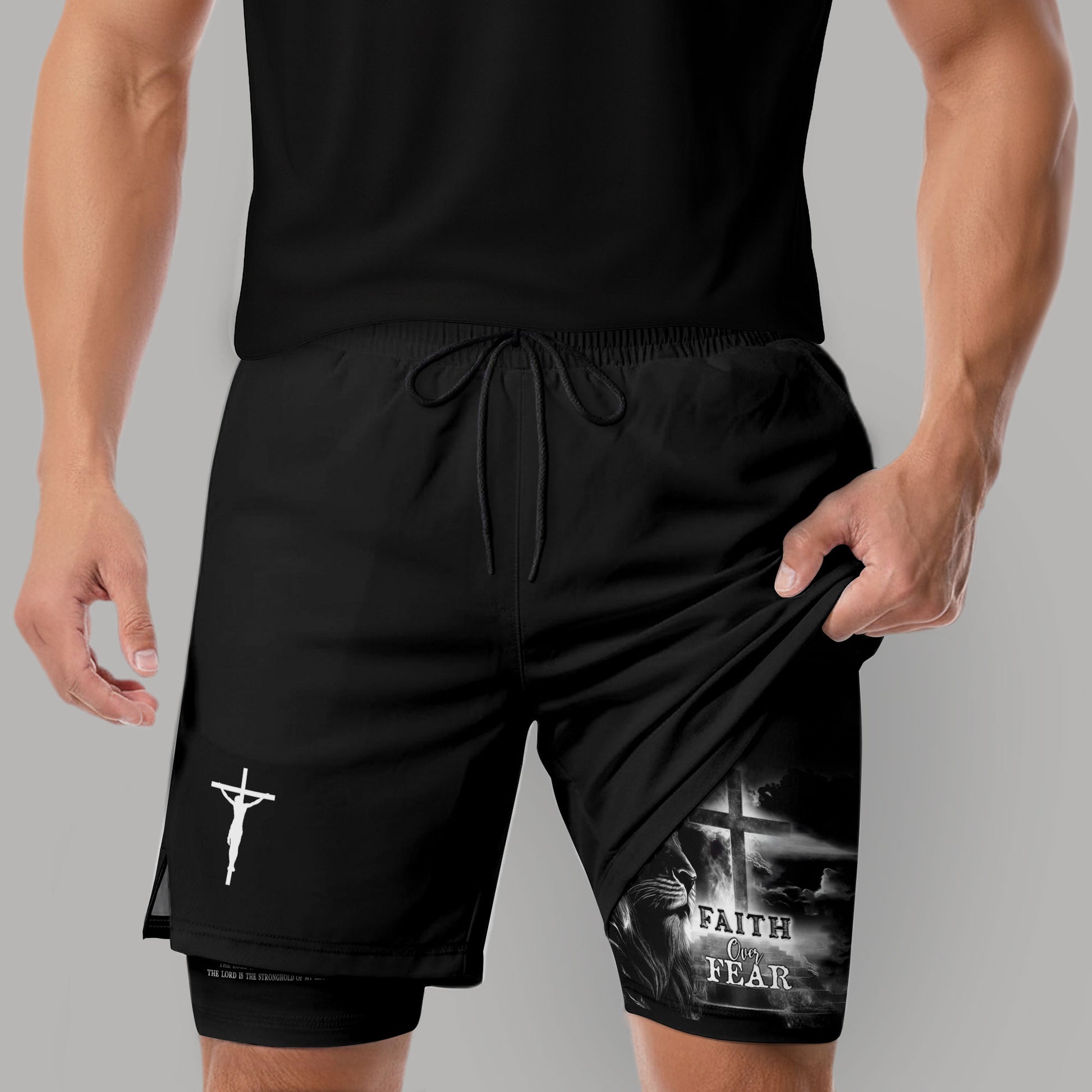 Faith Over Fear Psalm 27:1 Jesus Cross Lion Christian Gym Shorts - Rust Field Wear