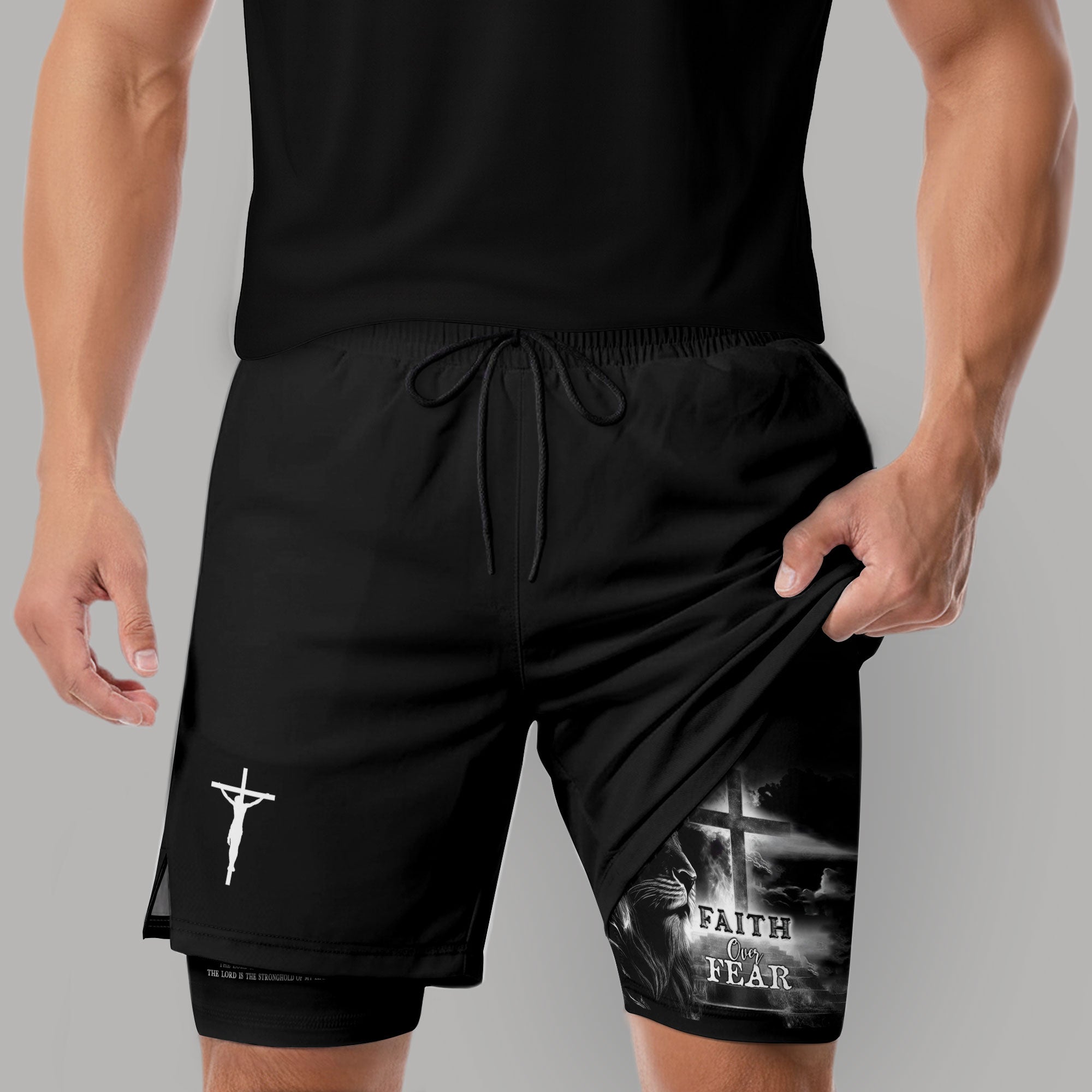 Faith Over Fear Psalm 27:1 Jesus Cross Lion Christian Gym Shorts - Rust Field Wear