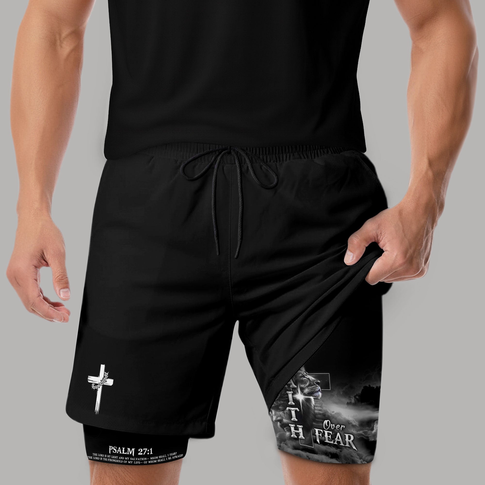 Faith Over Fear Psalm 27 1 Lion Cross Christian Gym Shorts for Men