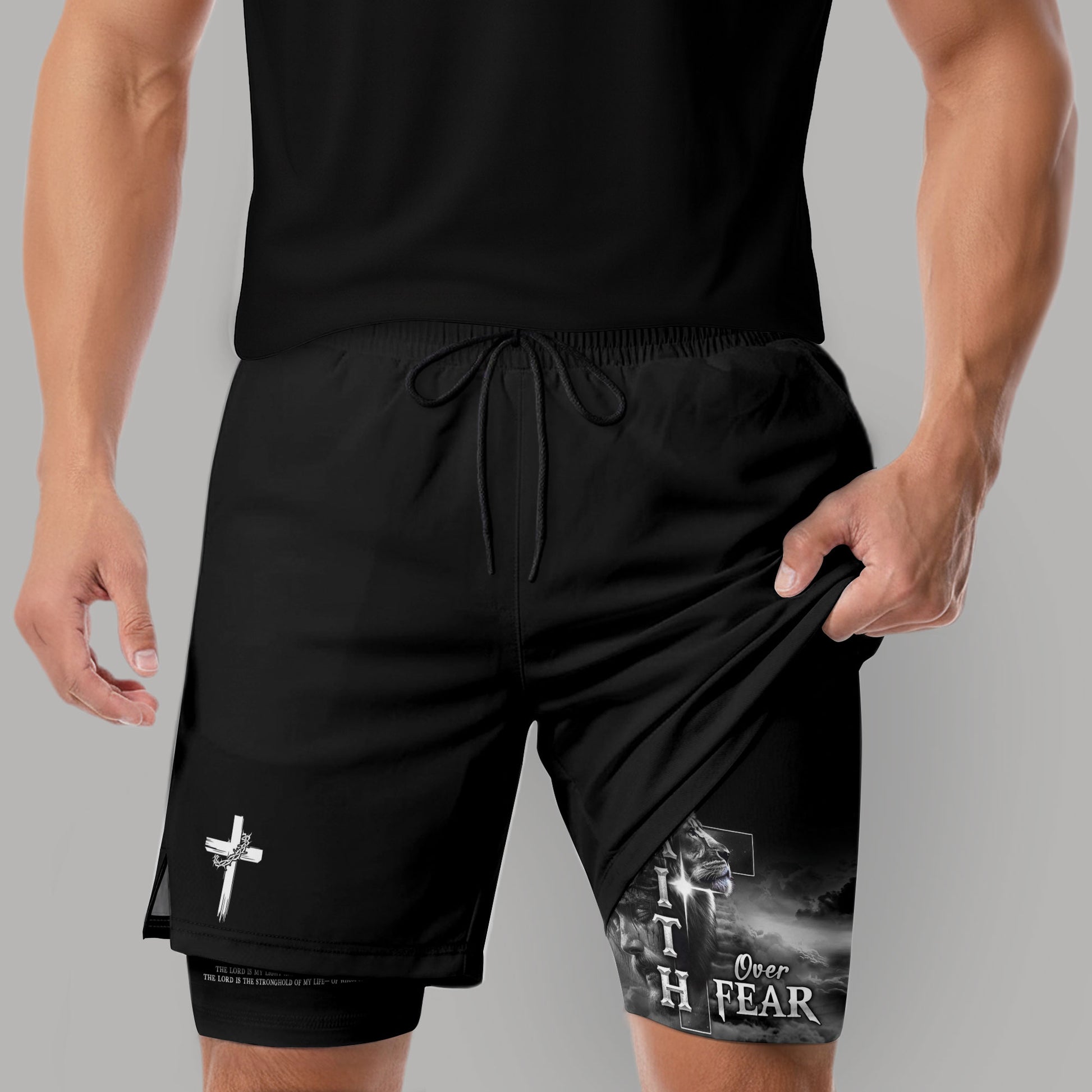 Faith Over Fear Psalm 27:1 Lion Cross Christian Gym Shorts for Men - Rust Field Wear