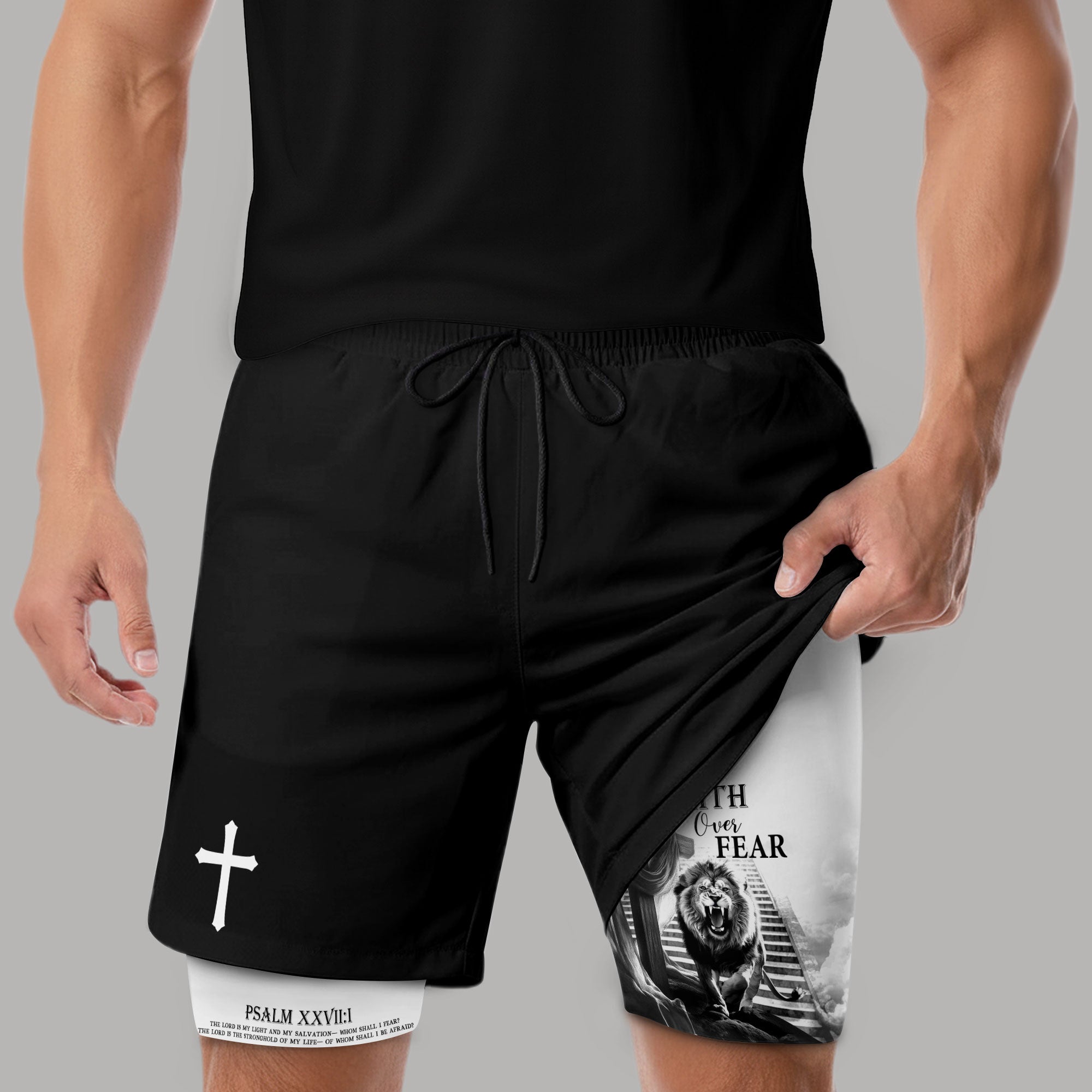 Faith Over Fear Christian Gym Shorts for Men Jesus Cross Bible Verse