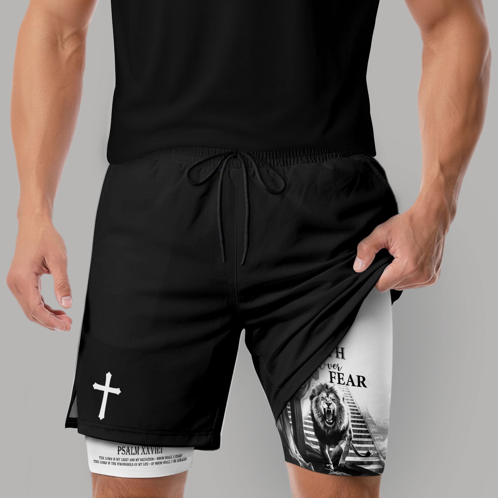 Faith Over Fear Christian Gym Shorts for Men Jesus Cross Bible Verse - Rust Field Wear