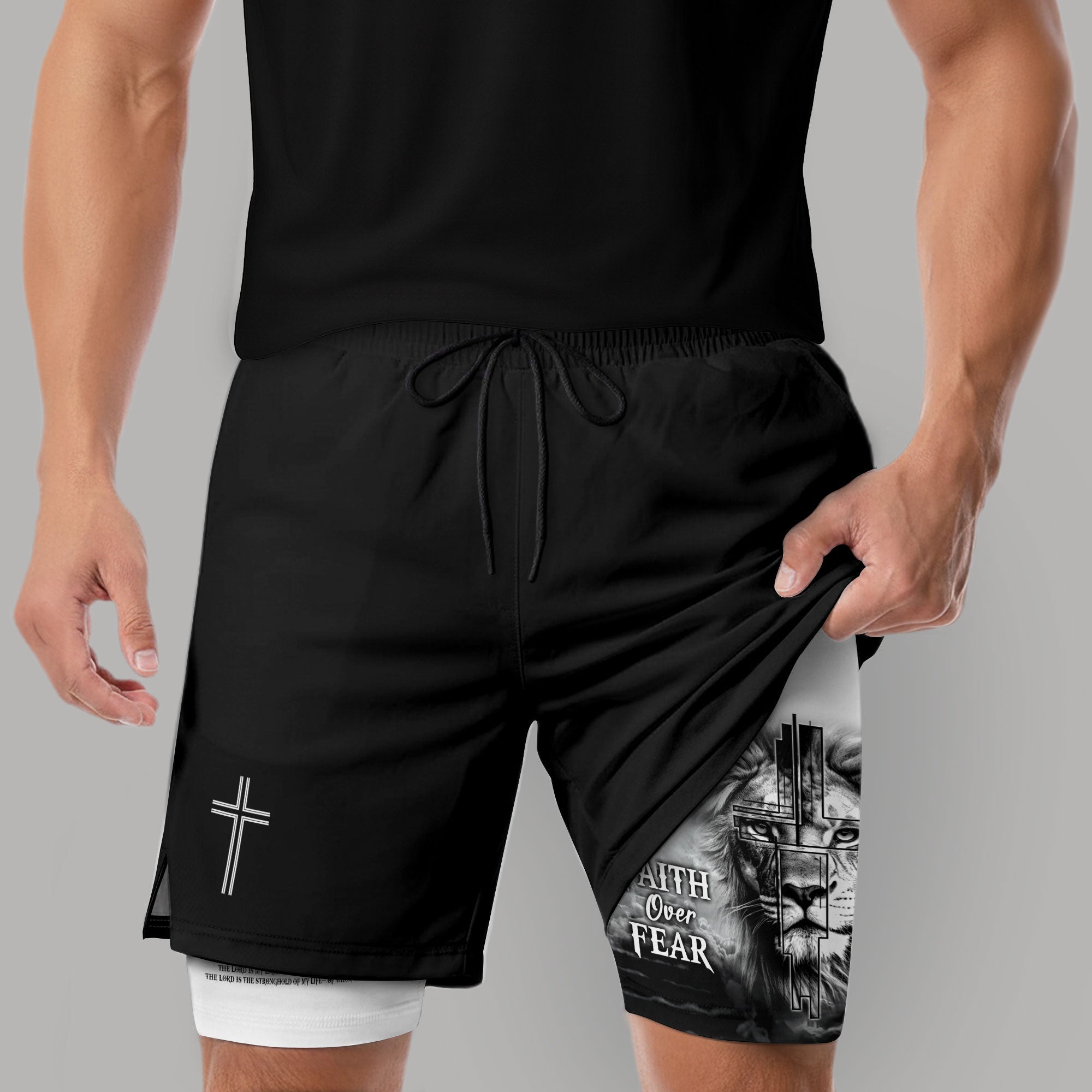 Psalm 27:1 Faith Over Fear Christian Gym Shorts for Men Lion Cross Design - Rust Field Wear