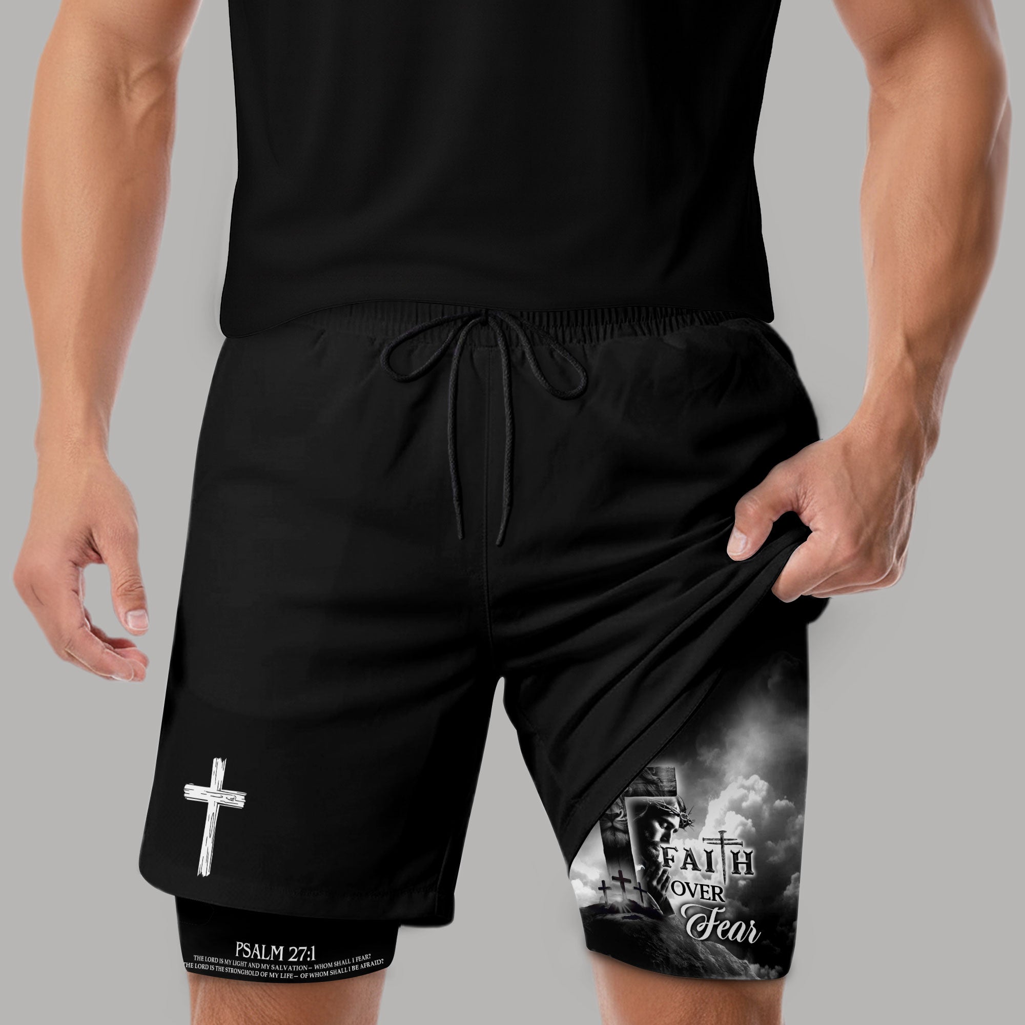 Faith Over Fear Christian Gym Shorts for Men Psalm 27 1 Cross of Jesus